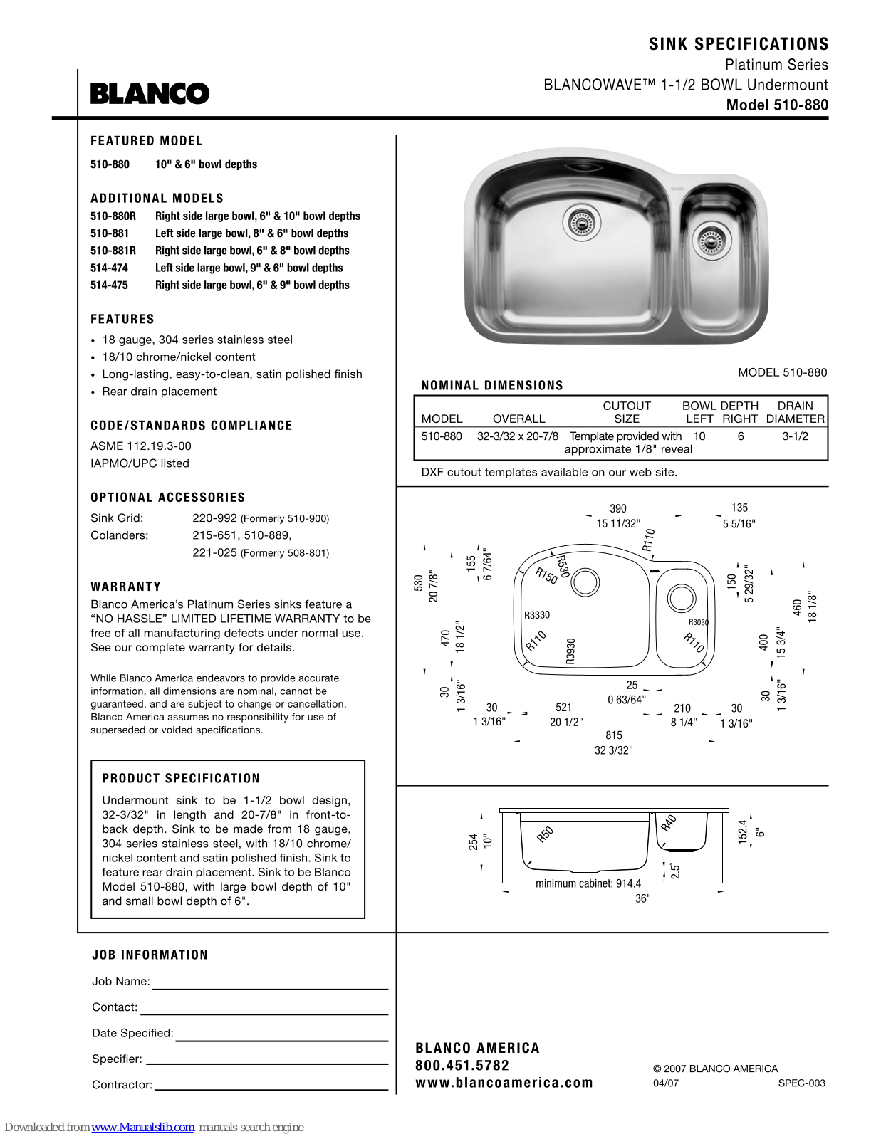 Blanco 510-880 Specification Sheet - ManualMachine.com