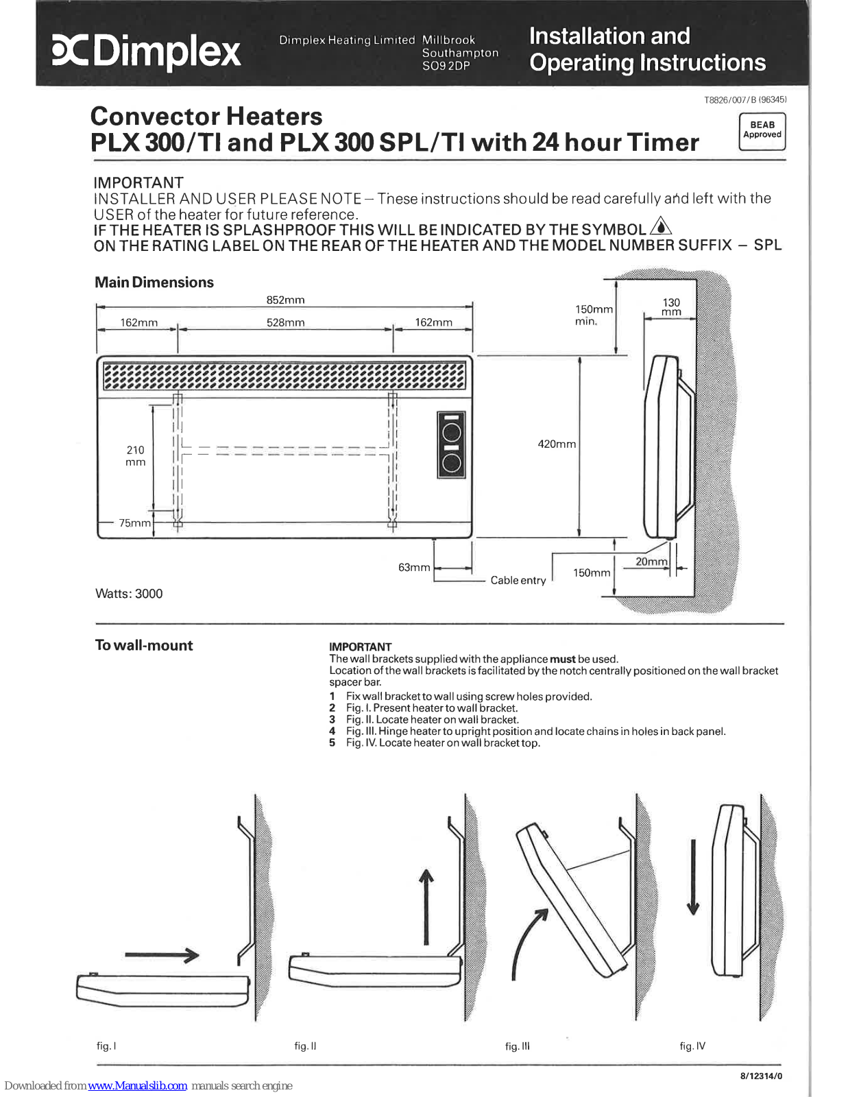 Dimplex PLX 300, PLX 300 TI, PLX 300 SPL Installation And Operating Instructions Manual