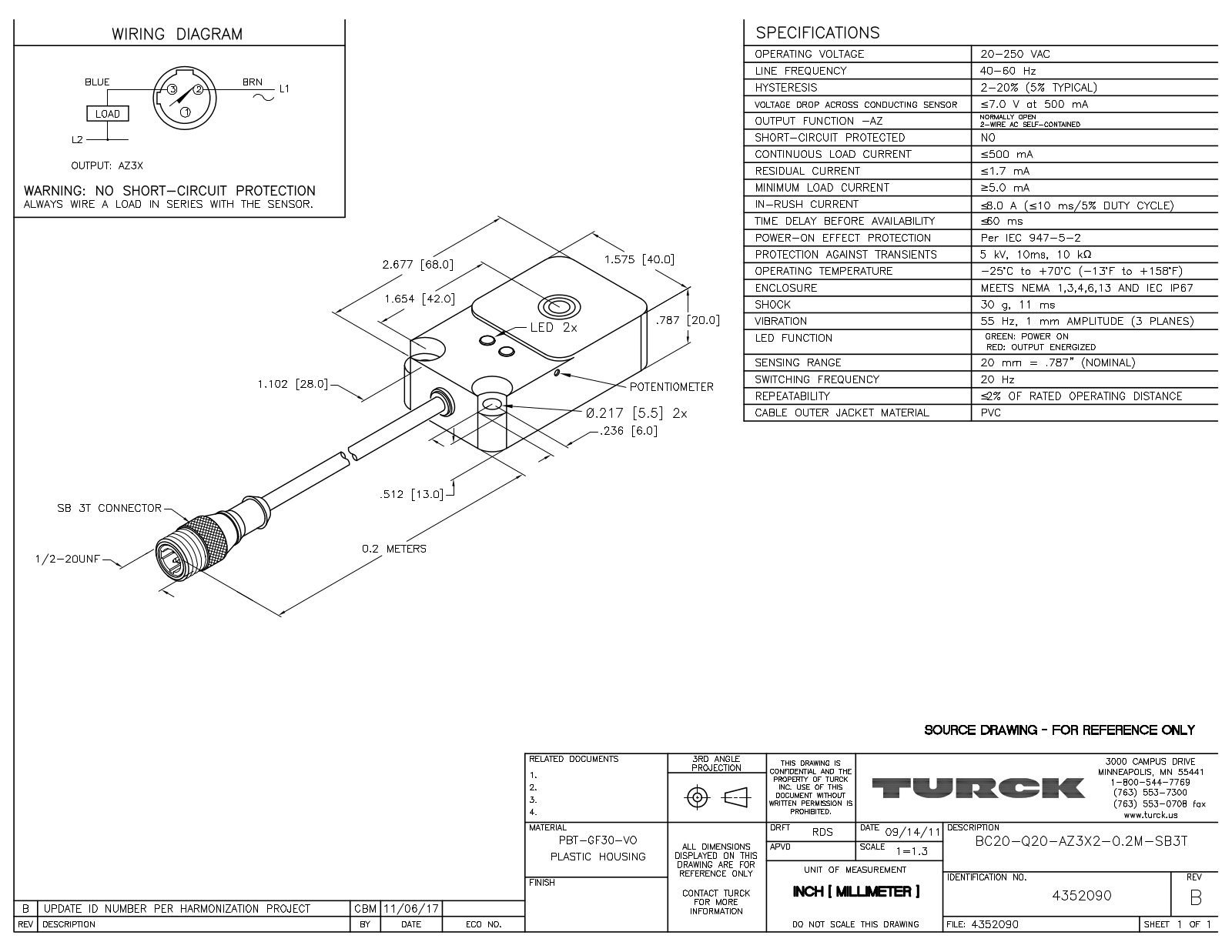 Turck BC20-Q20-AZ3X2-0.2-SB3T Data Sheet