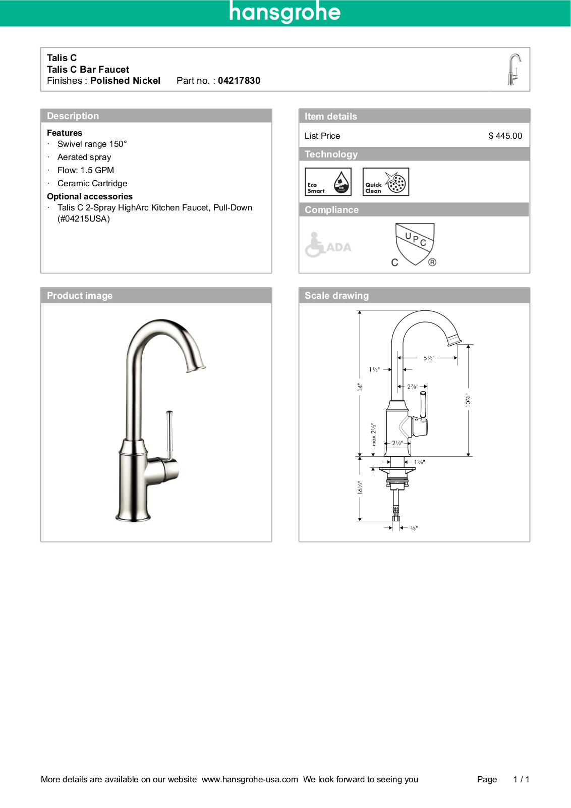 Hansgrohe 04217830 Specs