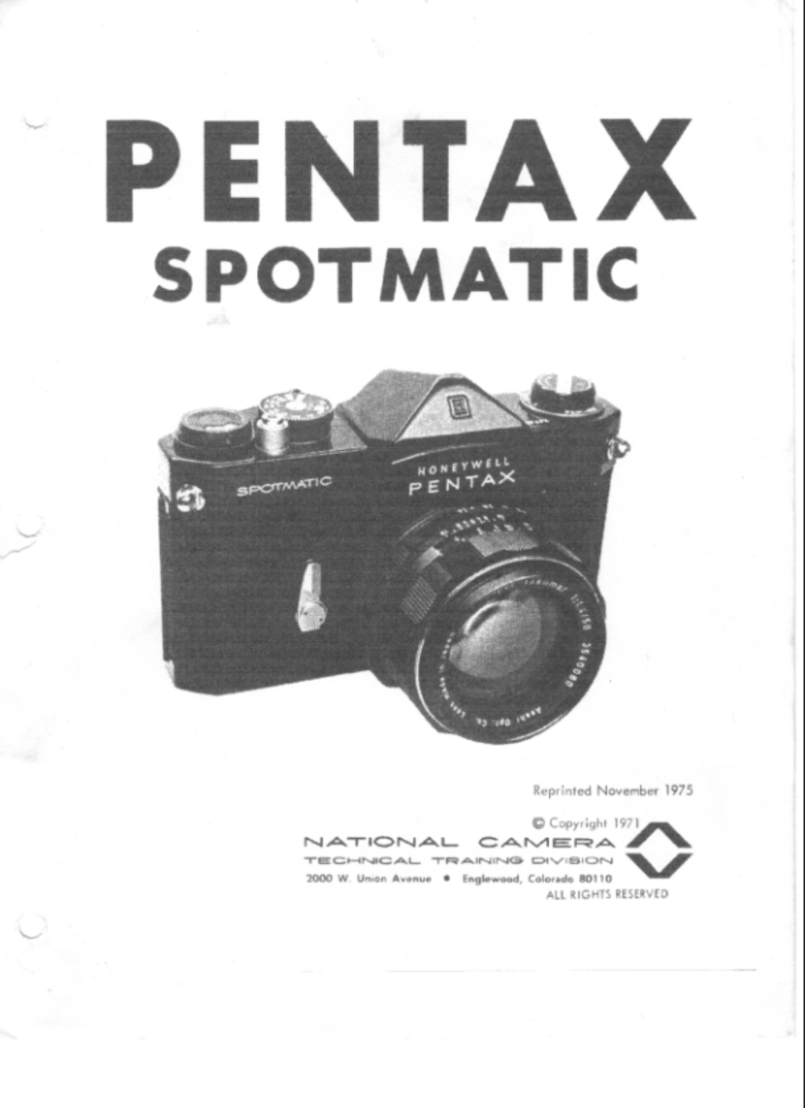 Pentax Spotmatic, Spotmatic RM, Spotmatic II Service Manual