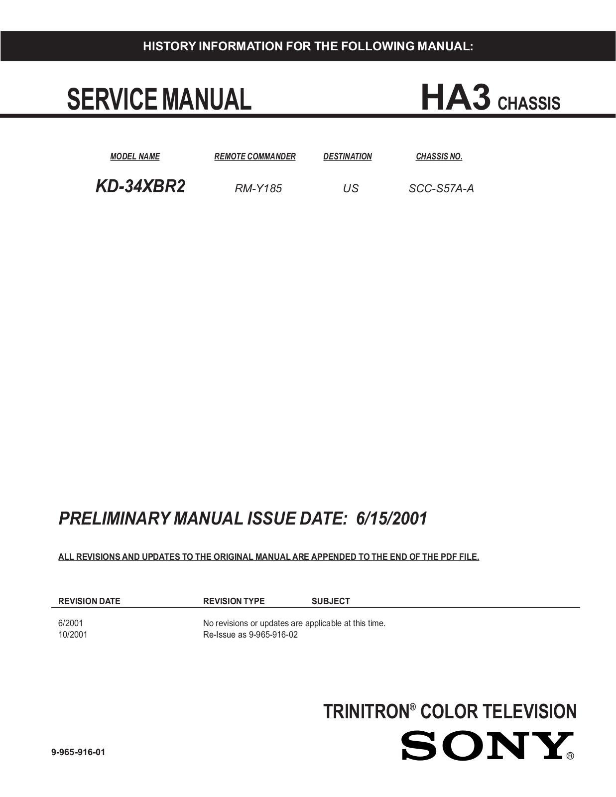 Sony KD-34XBR2 Service Manual