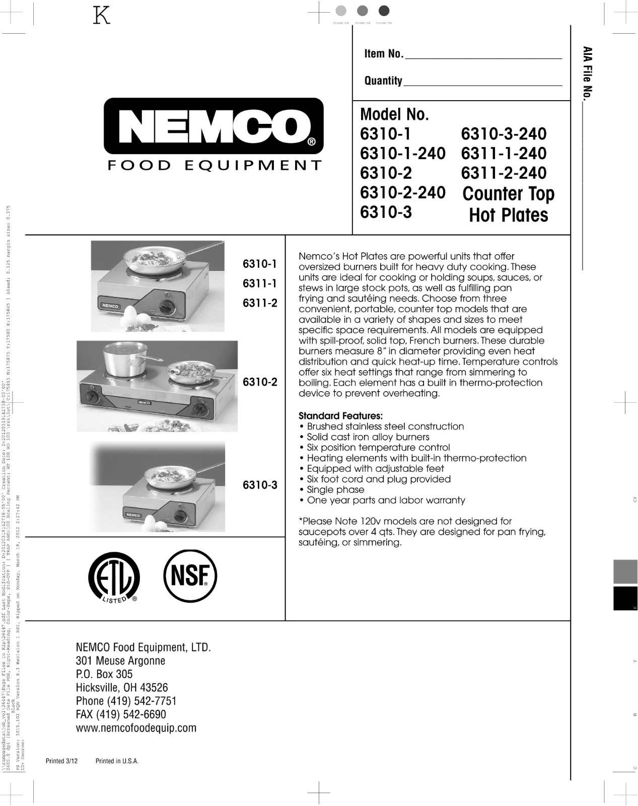 Nemco 63103, 63101240, 63111240, 63102240, 63103240 Specifications