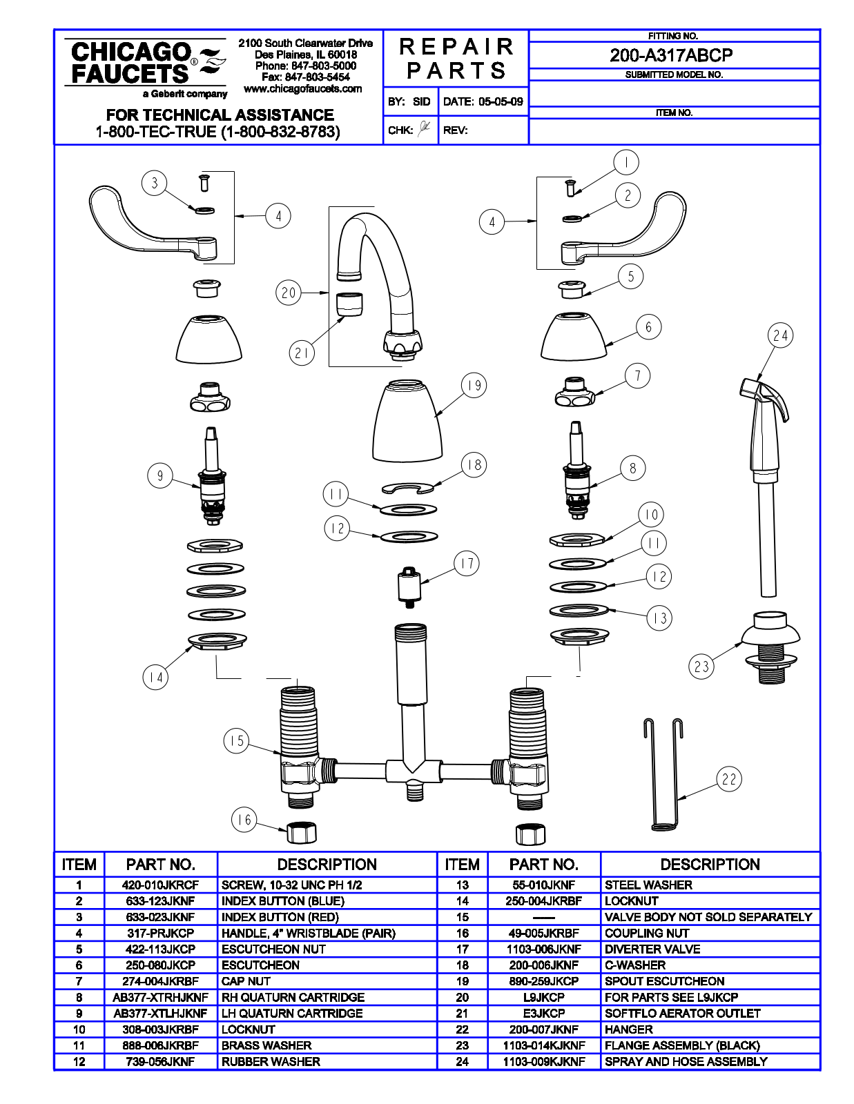 Chicago Faucet 200-A317ABCP Parts List