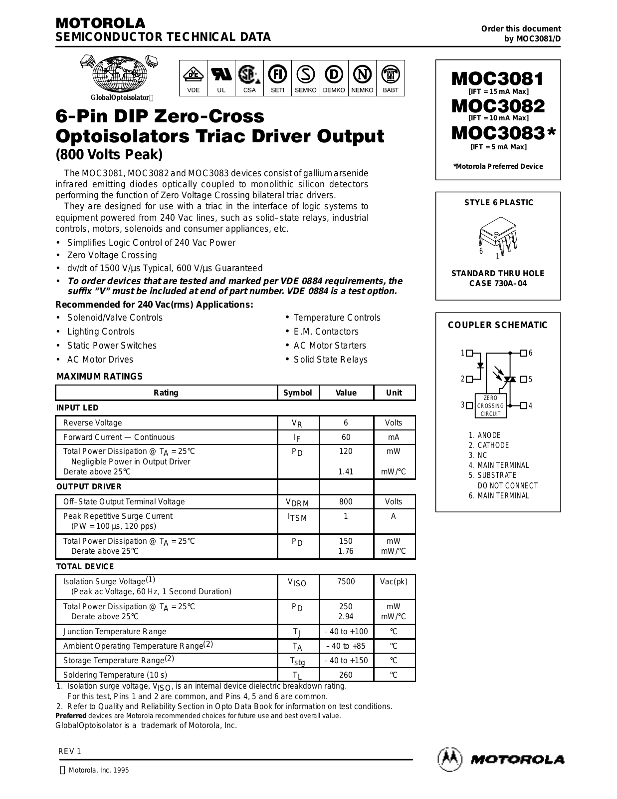 Motorola MOC3081, MOC3082, MOC3083 Datasheet