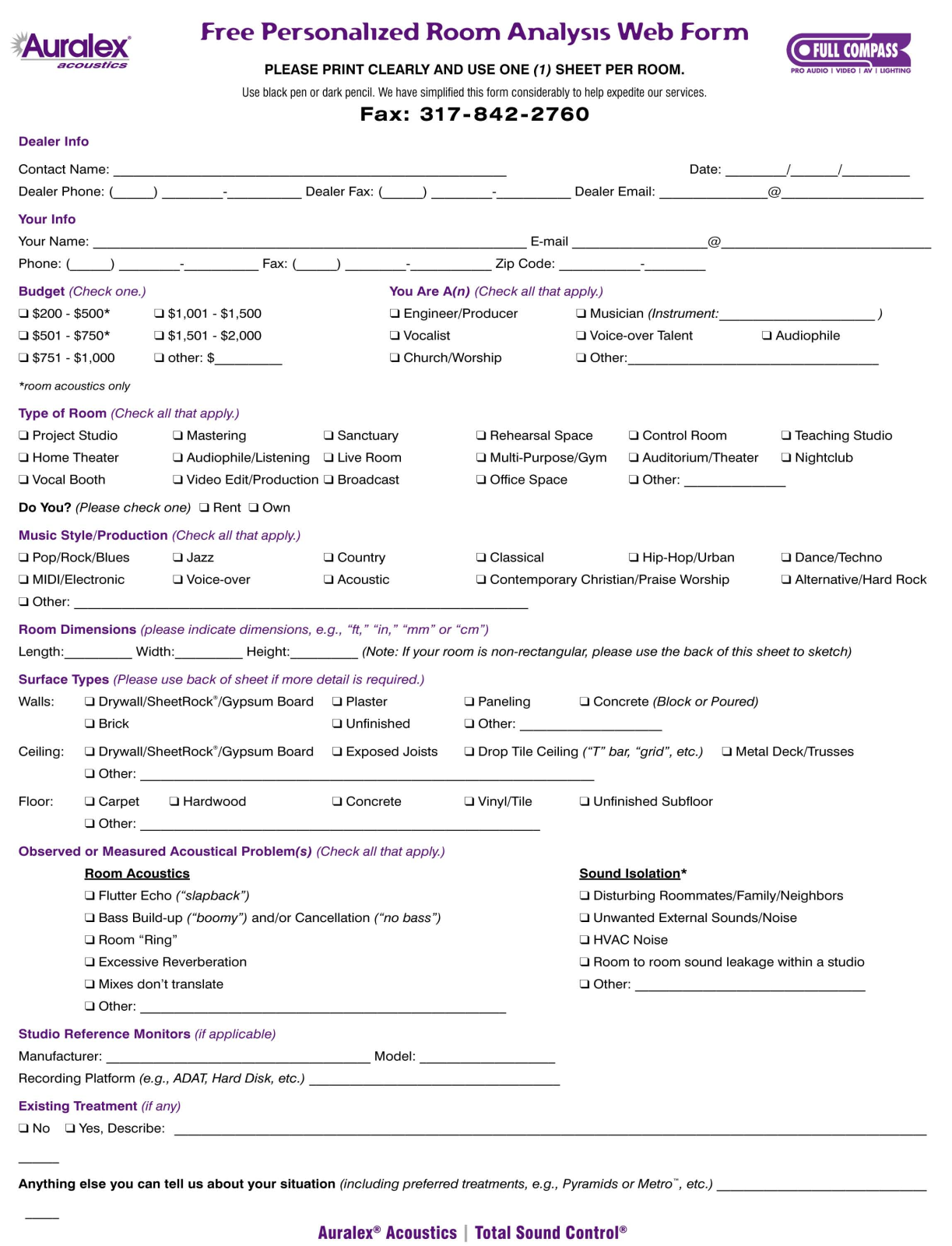 Auralex RC8-RES-CHANNEL, TEMPTABS, TUBETAK-PRO-SINGLE, WEDGIES, STOPGAP Auralex Free Personalized Room Analysis Form