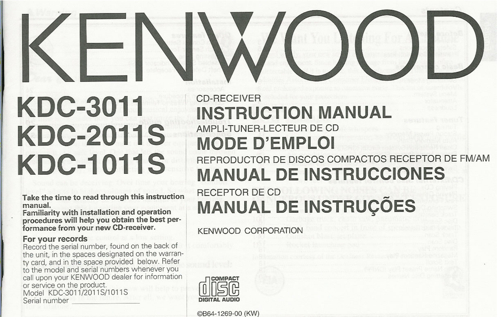 Kenwood KDC-3011, KDC-1011S Manual