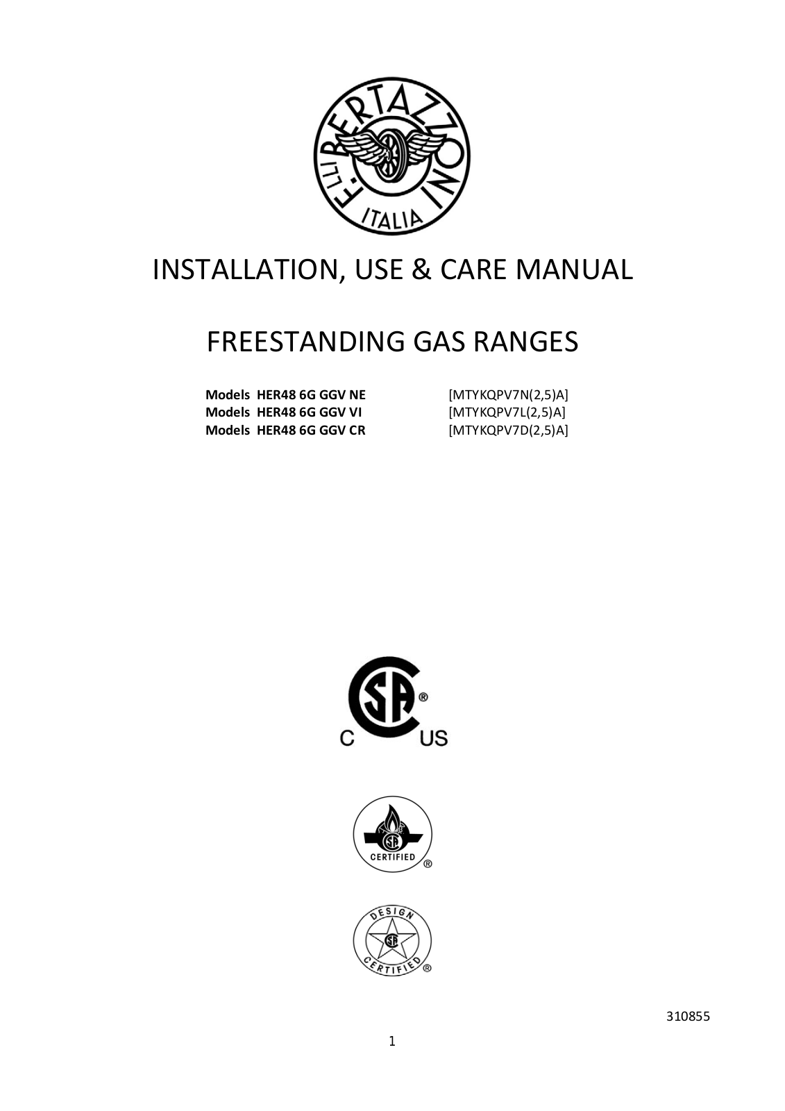 Bertazzoni HER48 6G GGV CR, HER48 6G GGV NE, HER48 6G GGV VI Installation Guide