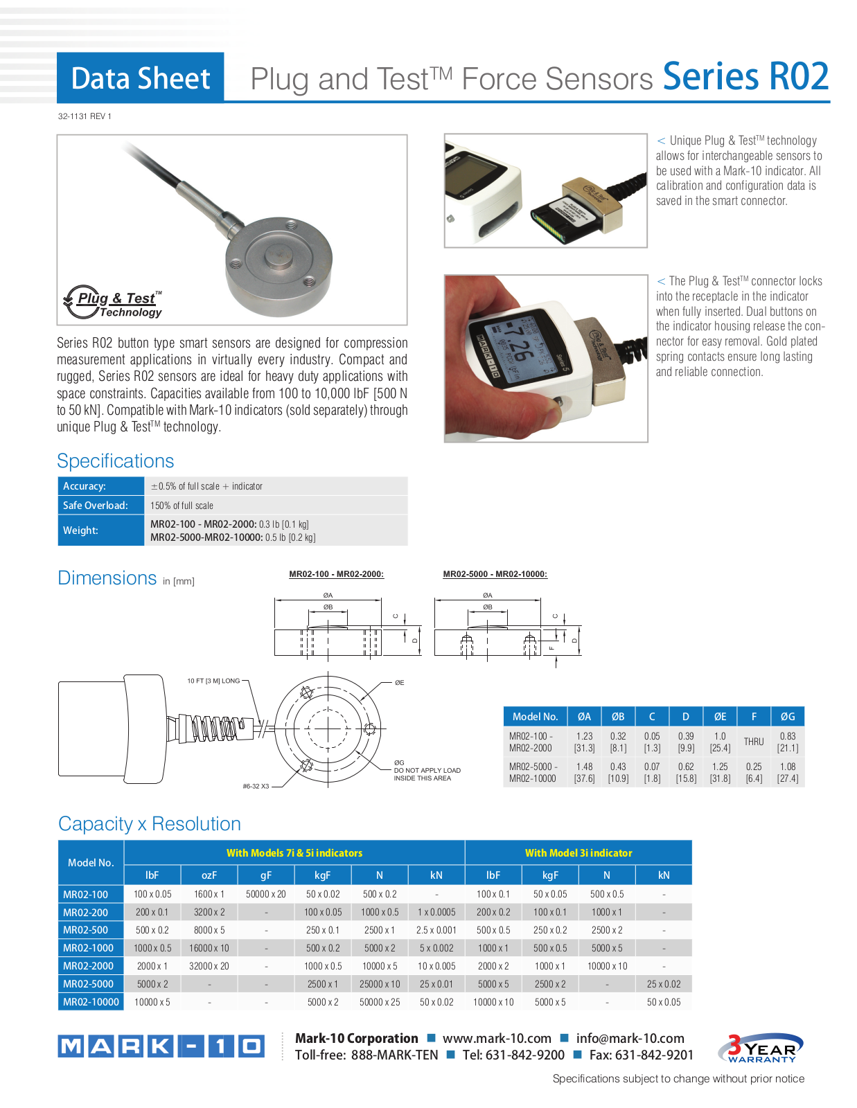 Mark-10 MR02-100, MR02-200, MR02-500, MR02-1000, MR02-2000 Data Sheet