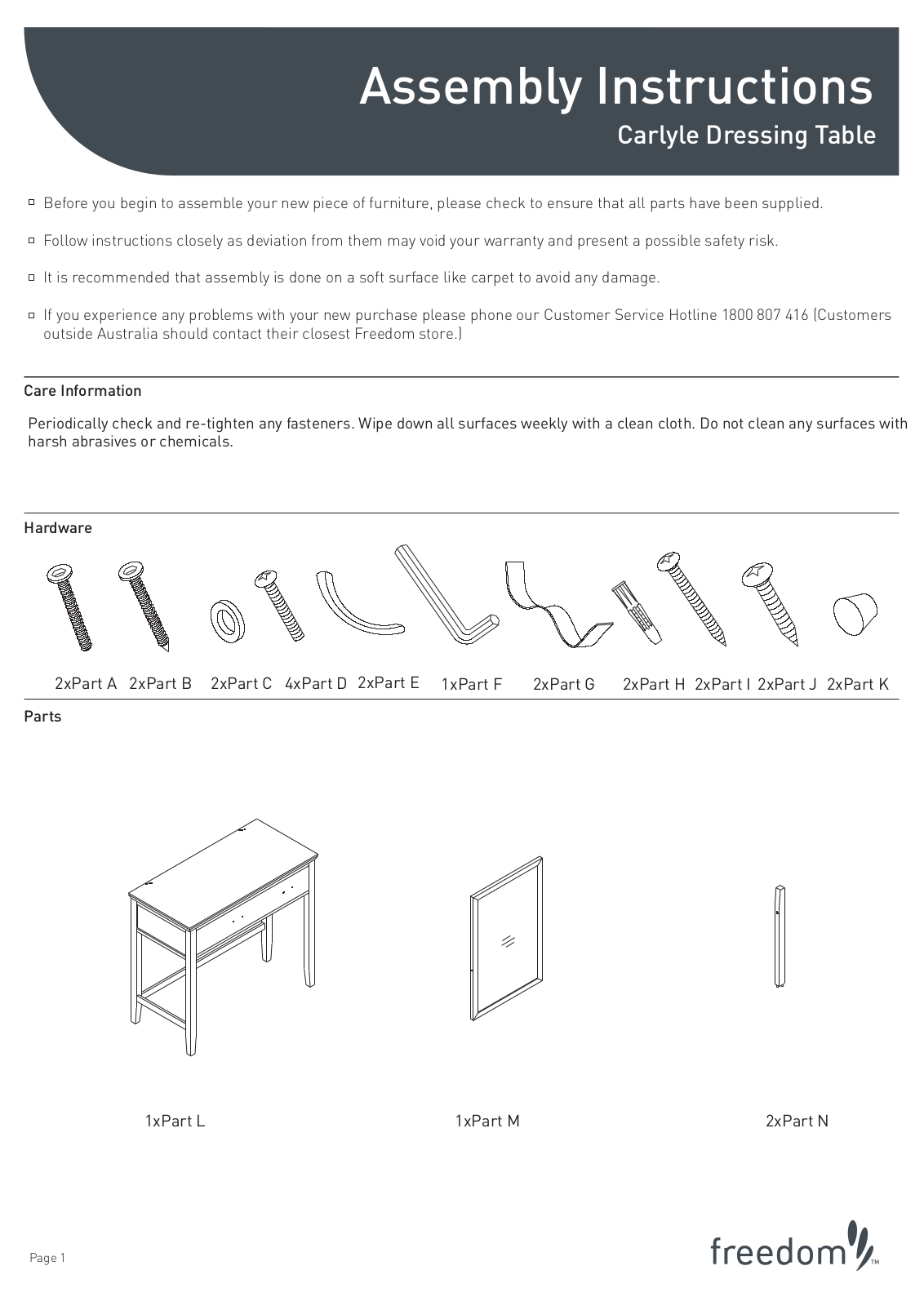 Freedom Carlyle Dressing Table Assembly Instruction