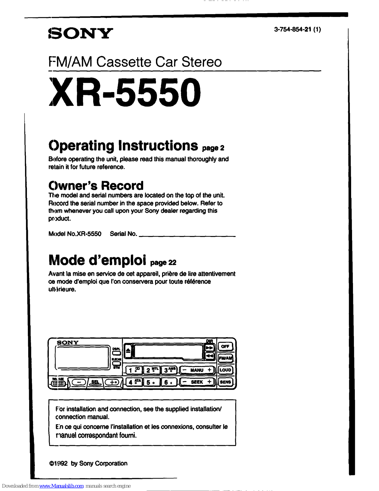 Sony XR-5550 Primary User Manual