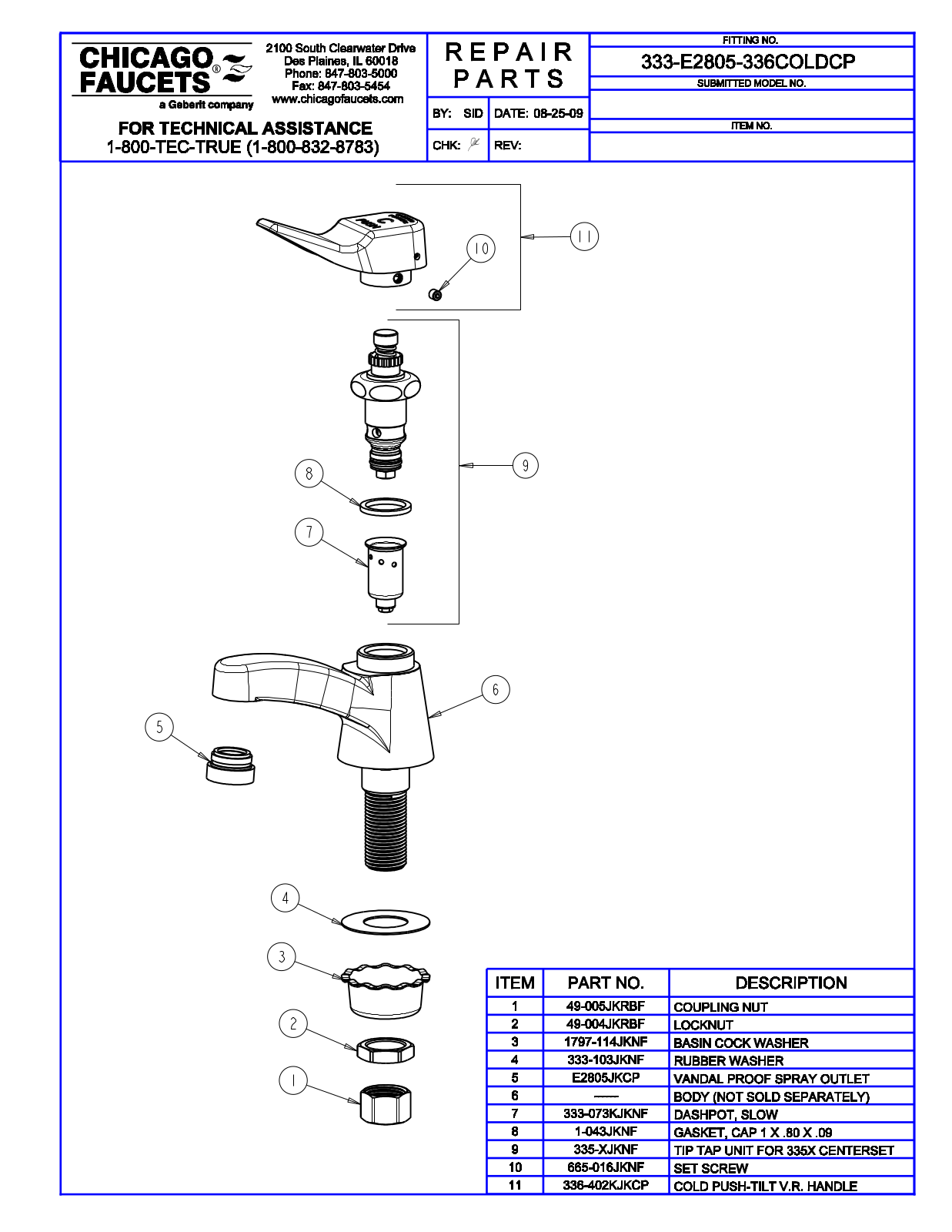 Chicago Faucet 333-E2805-336COLDCP Parts List