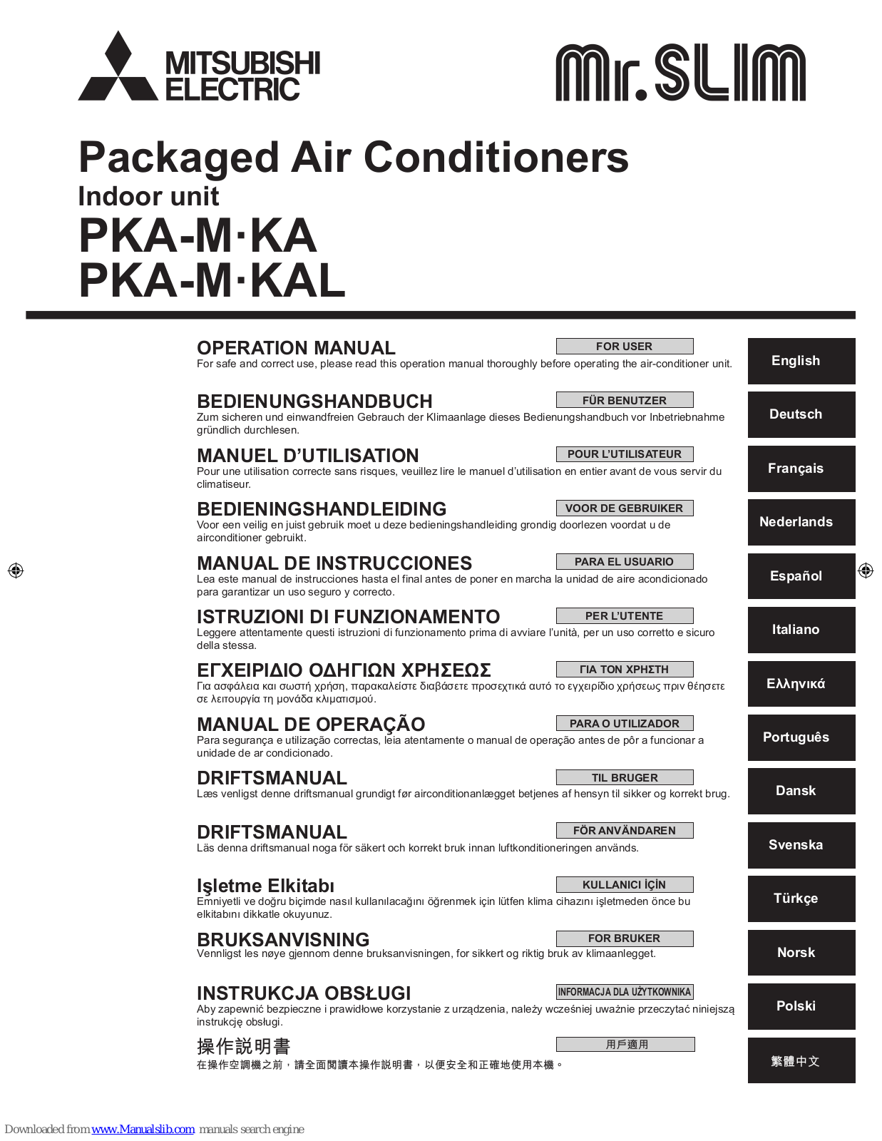 Mitsubishi Electric PKA-M-KA, PKA-M-KAL Operation Manual