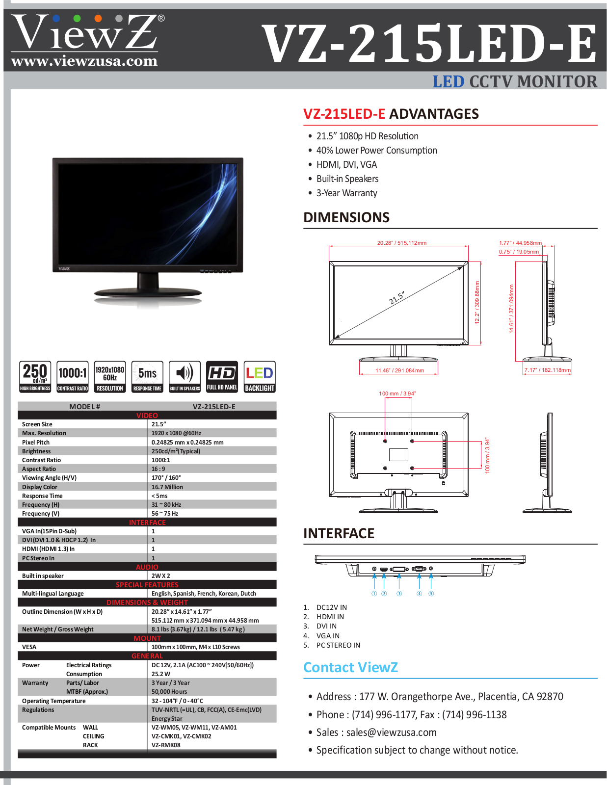 ViewZ VZ-215LED-E Specsheet