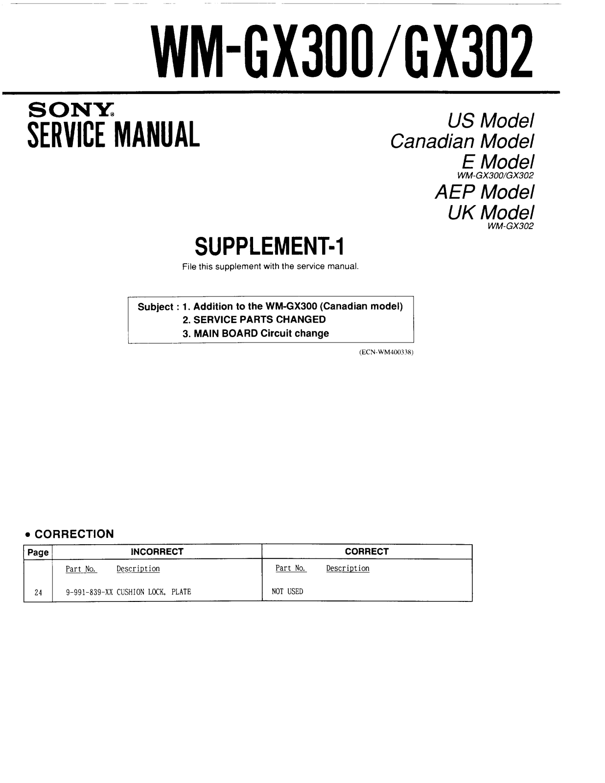 Sony WMGX-300, WMGX-302 Service manual