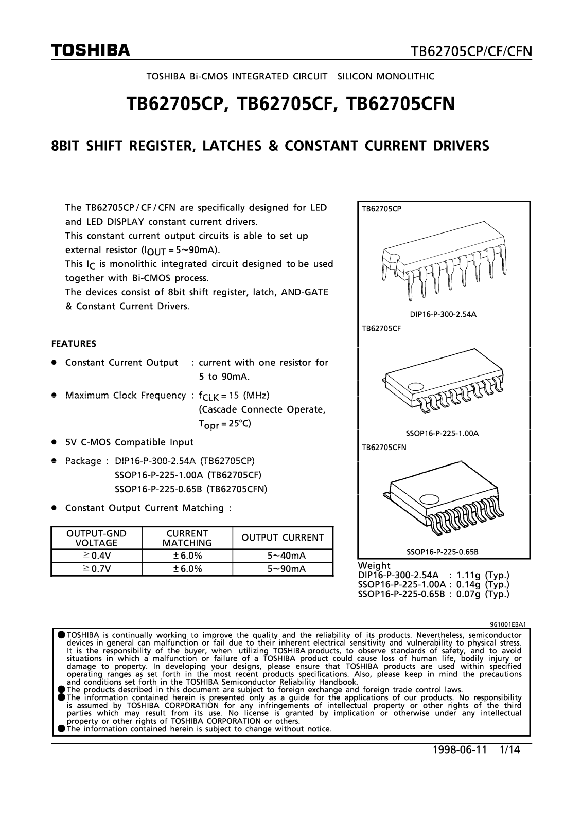 Toshiba TB62705CP, TB62705CF Datasheet