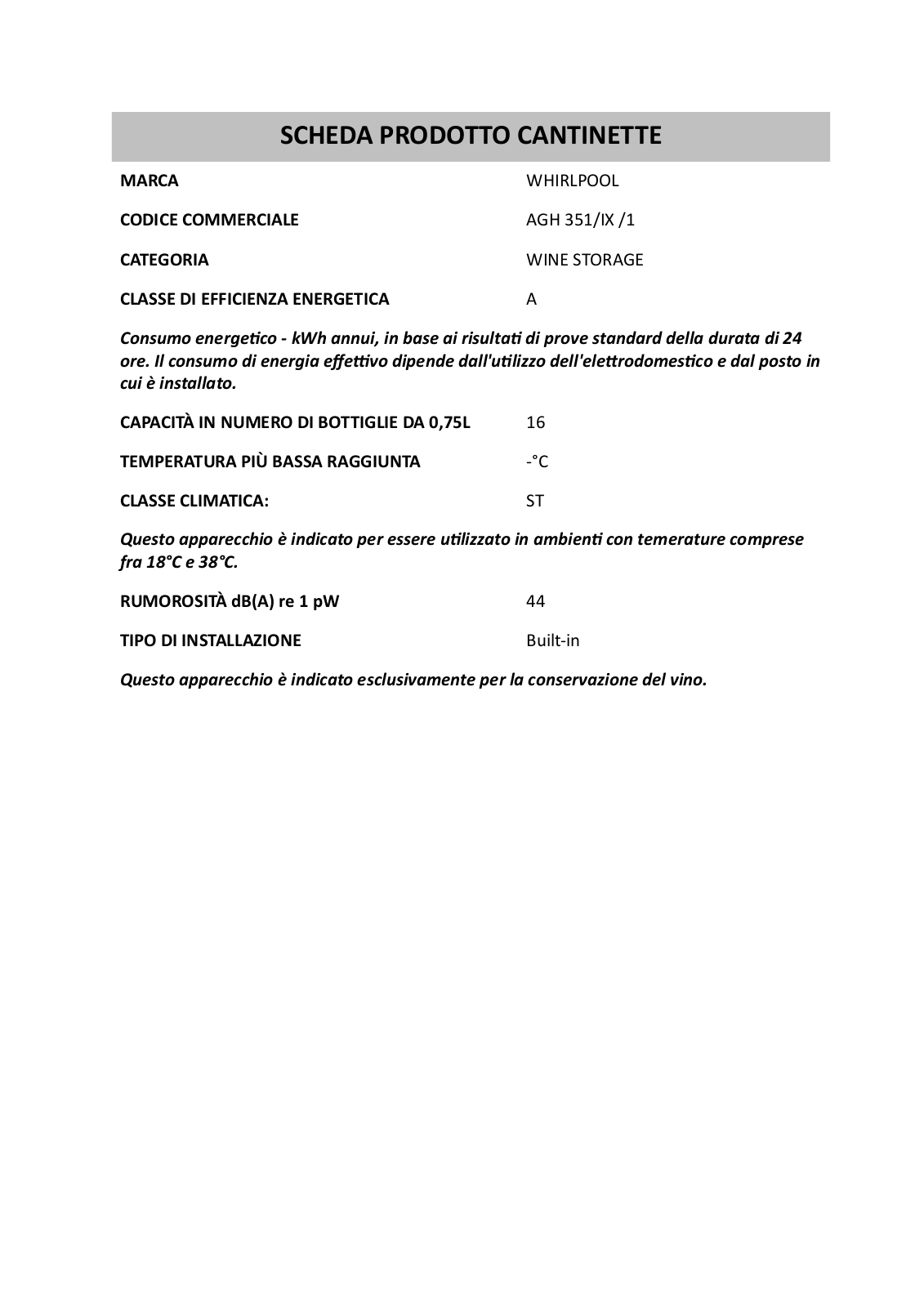 Whirlpool AGH 351/IX /1 PRODUCT SHEET