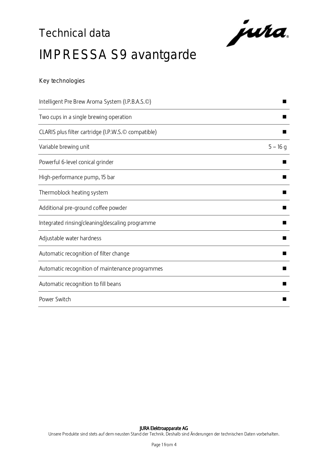 Jura IMPRESSA S9 AVANTGARDE User Manual