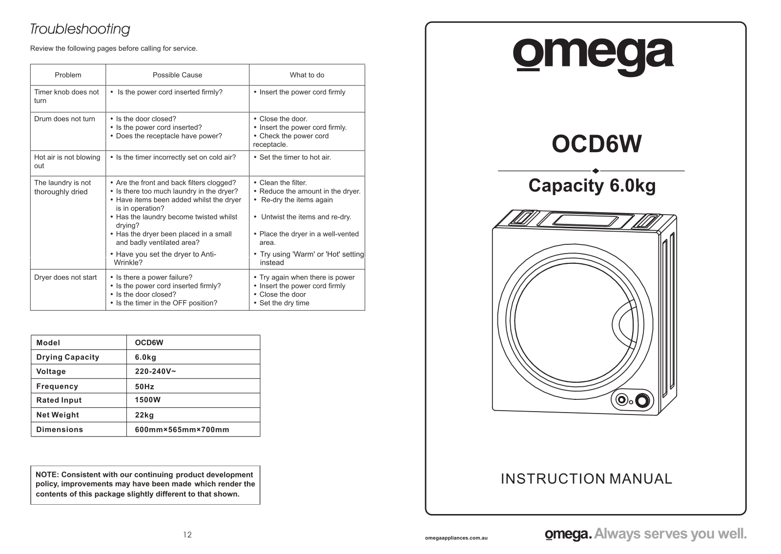 Omega OCD6W Product Manual