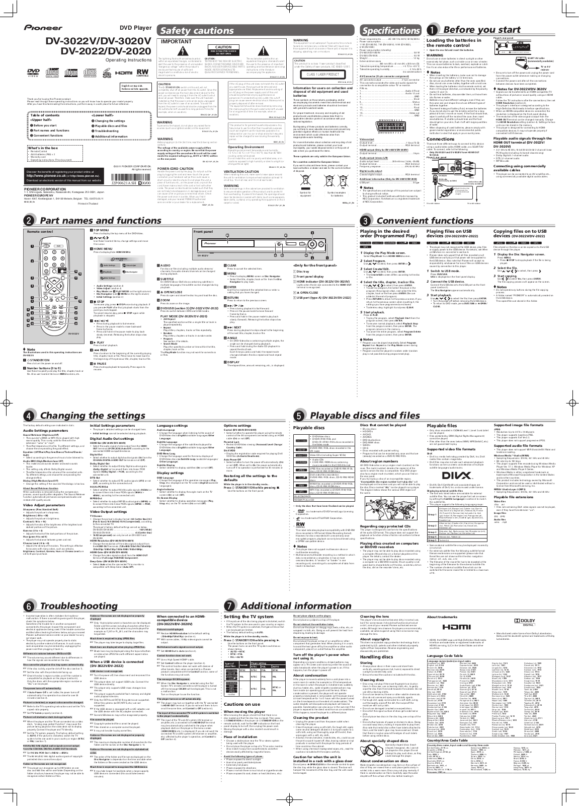 Pioneer DV-3022V, DV-3020V, DV-2020, DV-2022 User Manual