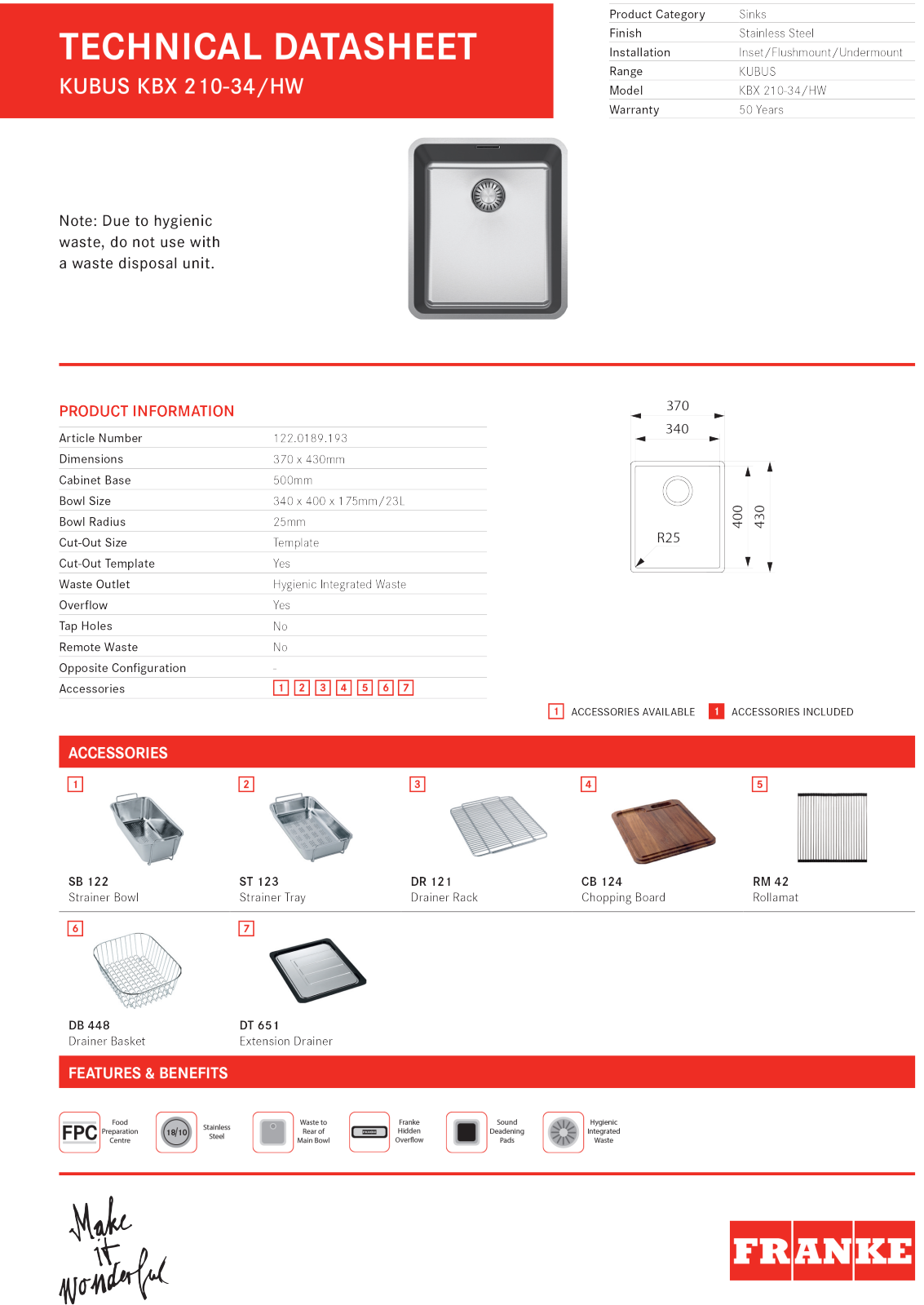 Franke KBX210-34-OF-B Specifications Sheet