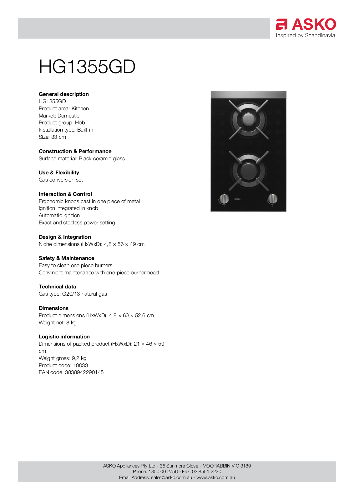 ASKO HG1355GD Specifications Sheet