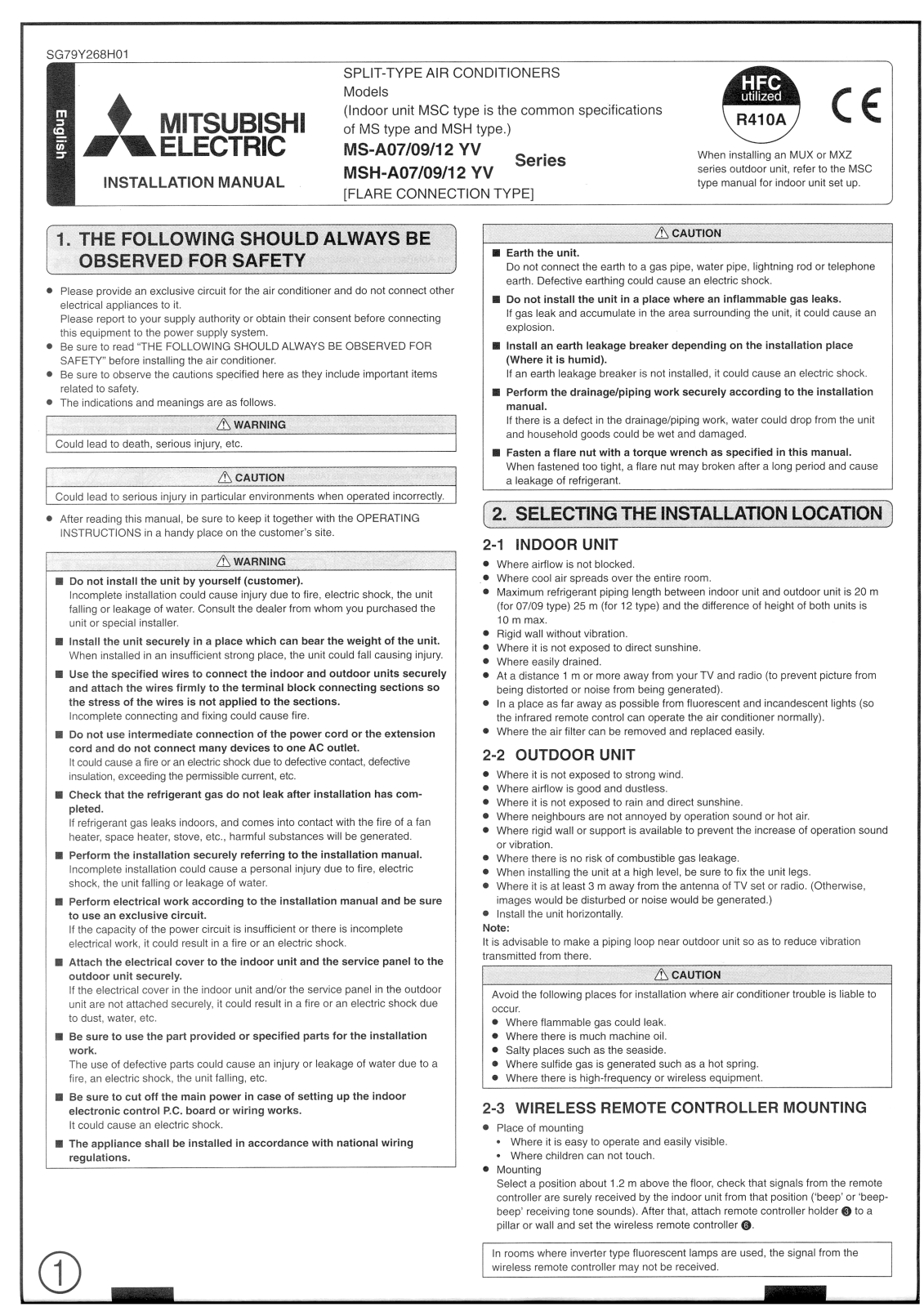 Mitsubishi MS-A09 YV Series, MSH-A09 YV Series, MS-A12 YV Series, MSH-A07 YV Series, MSH-A12 YV Series Installation Manual