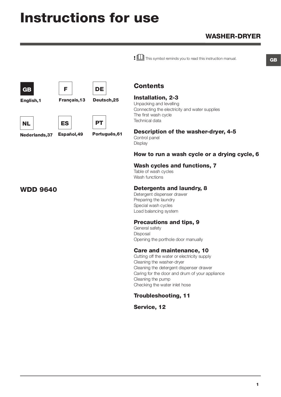 HOTPOINT WDD 9640B EU, WDD9640B User Manual