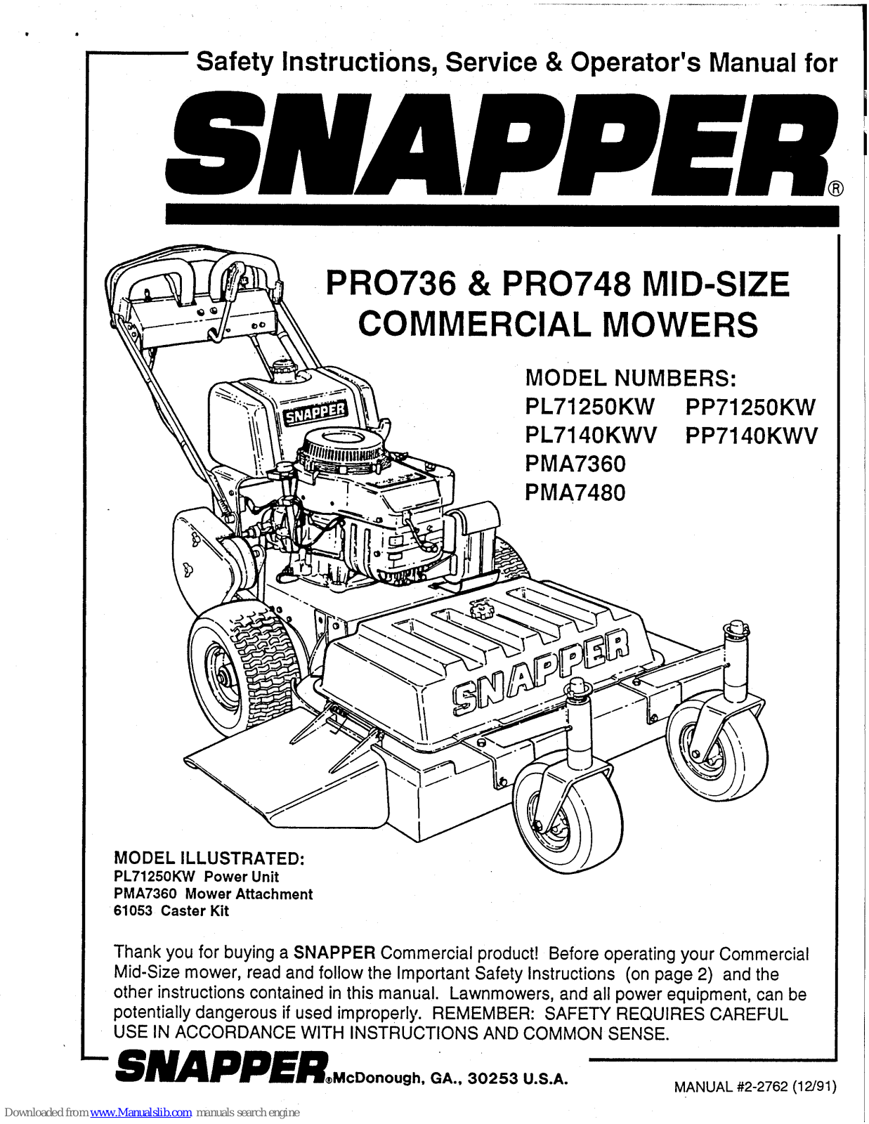 Snapper PP71250KW,PL71250KW,PP7140KWV,PL7140KWV,PMA7360,PMA7480 Safety Instructions & Operator's Manual