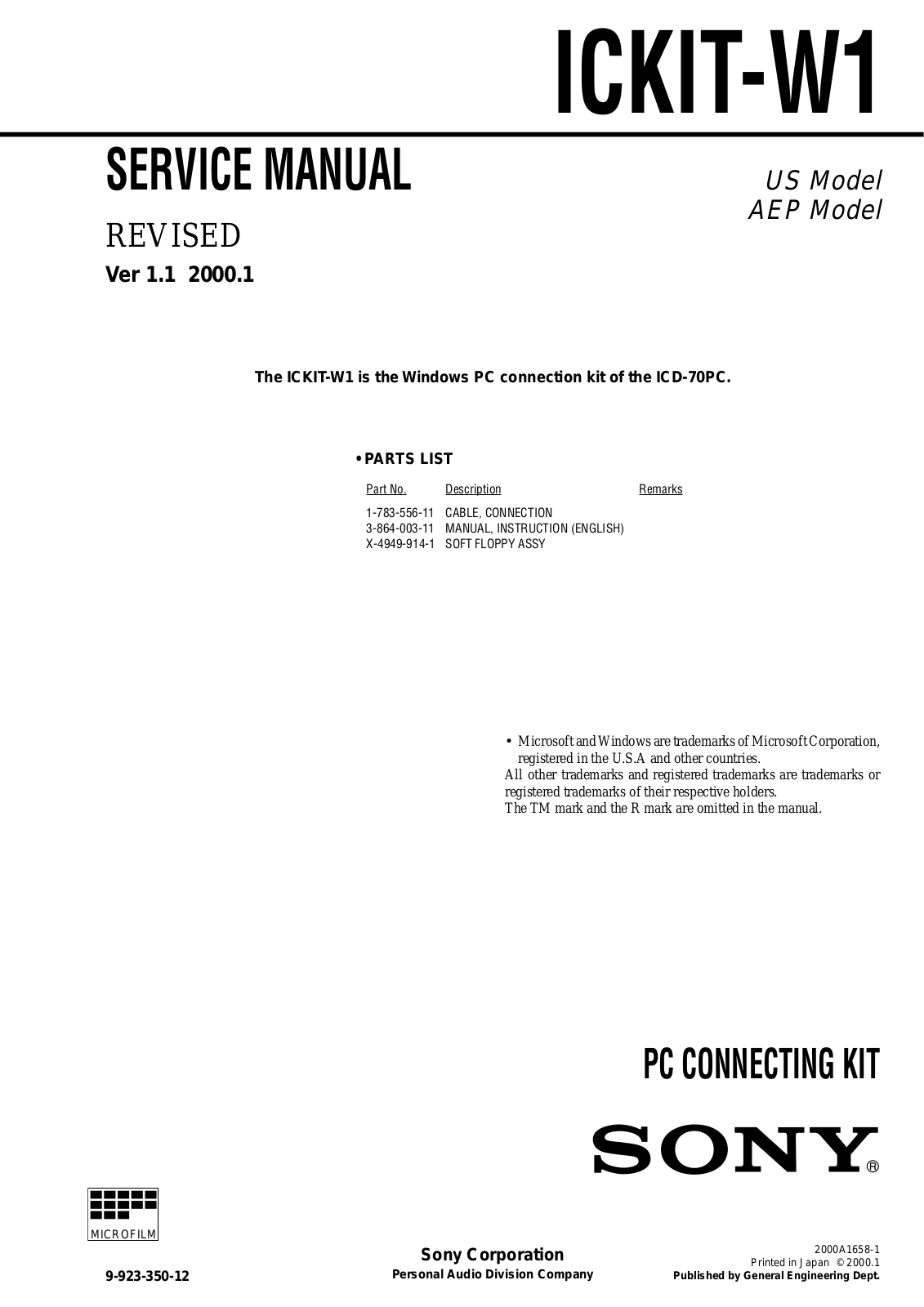 Sony ICKIT-W1 Service Manual