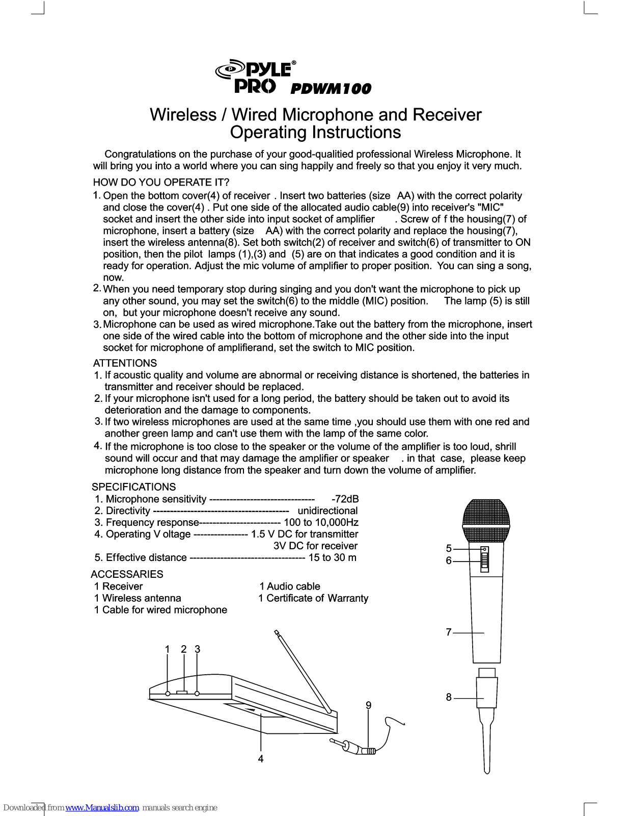 Pyle Pro PDWM100 Operating Instructions Manual