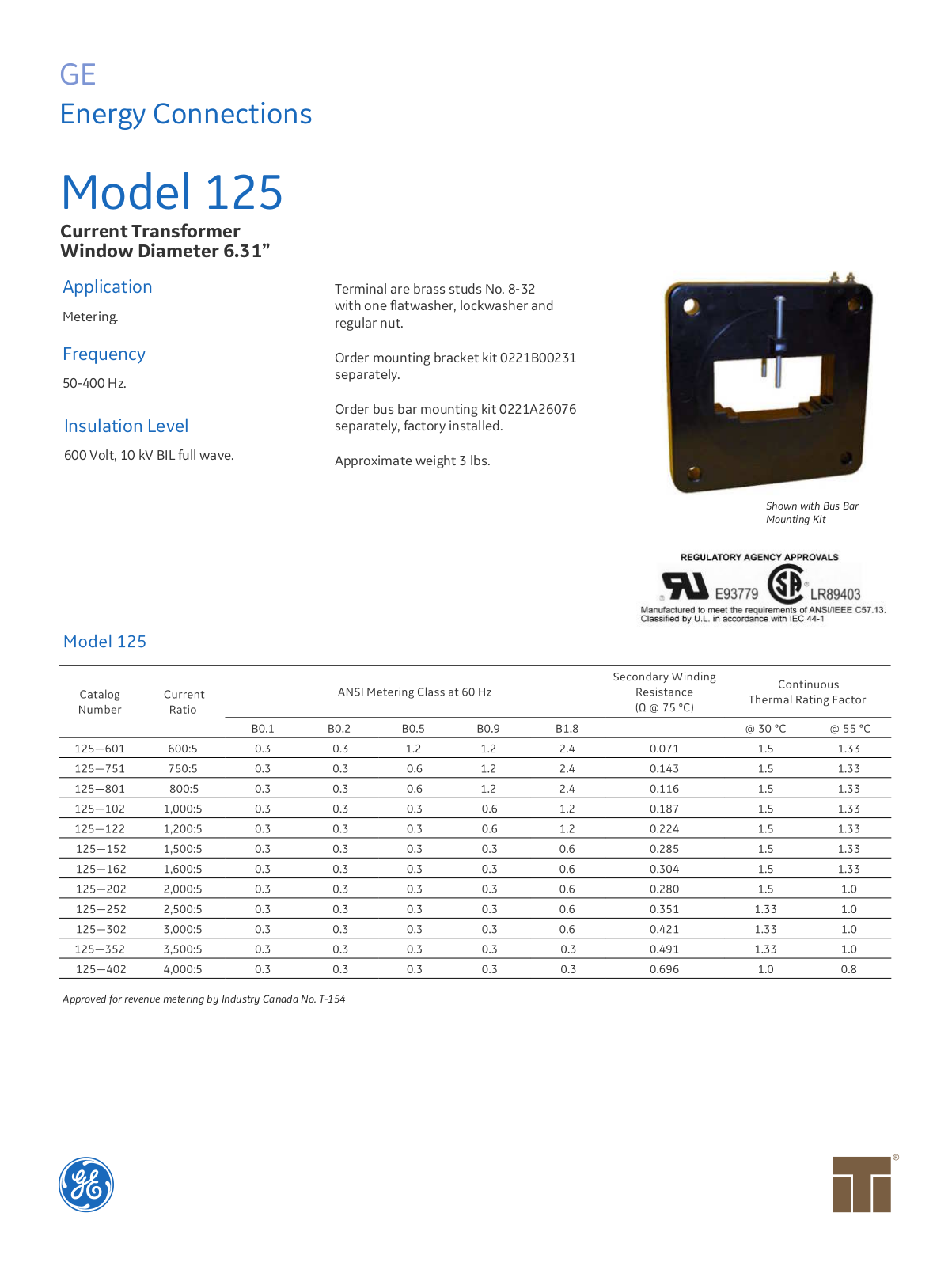 Instrument Transformer, Div of GE 125 Data Sheet