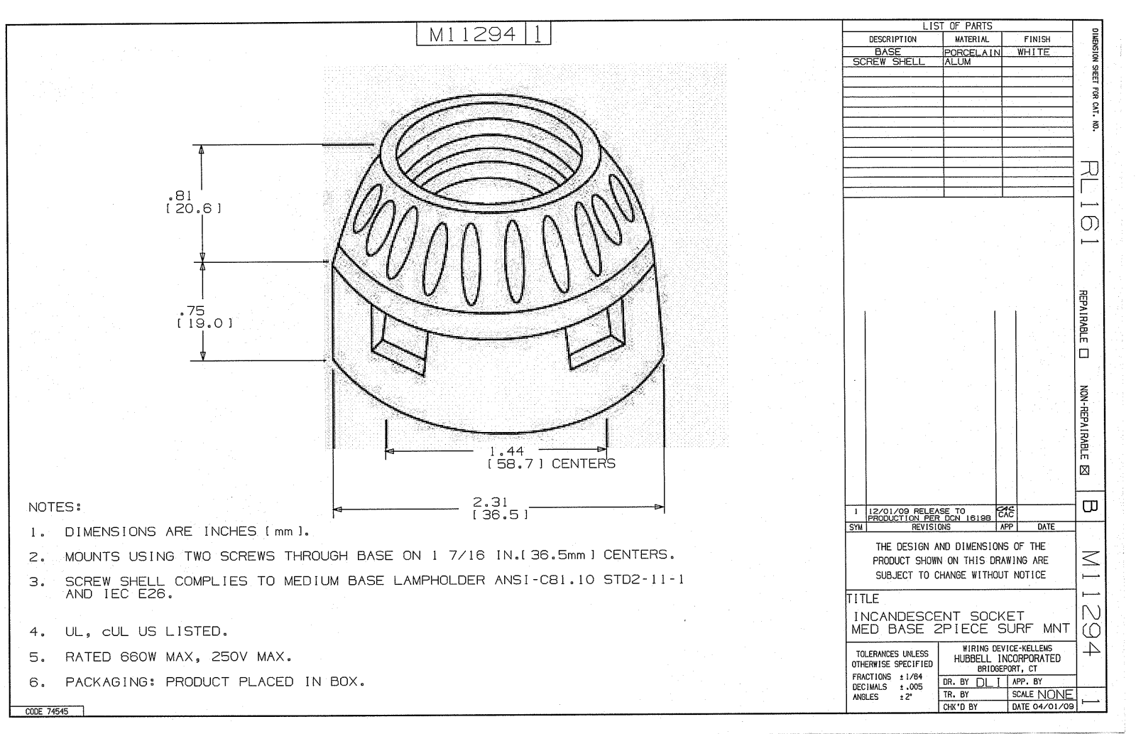 Hubbell RL161 Reference Drawing