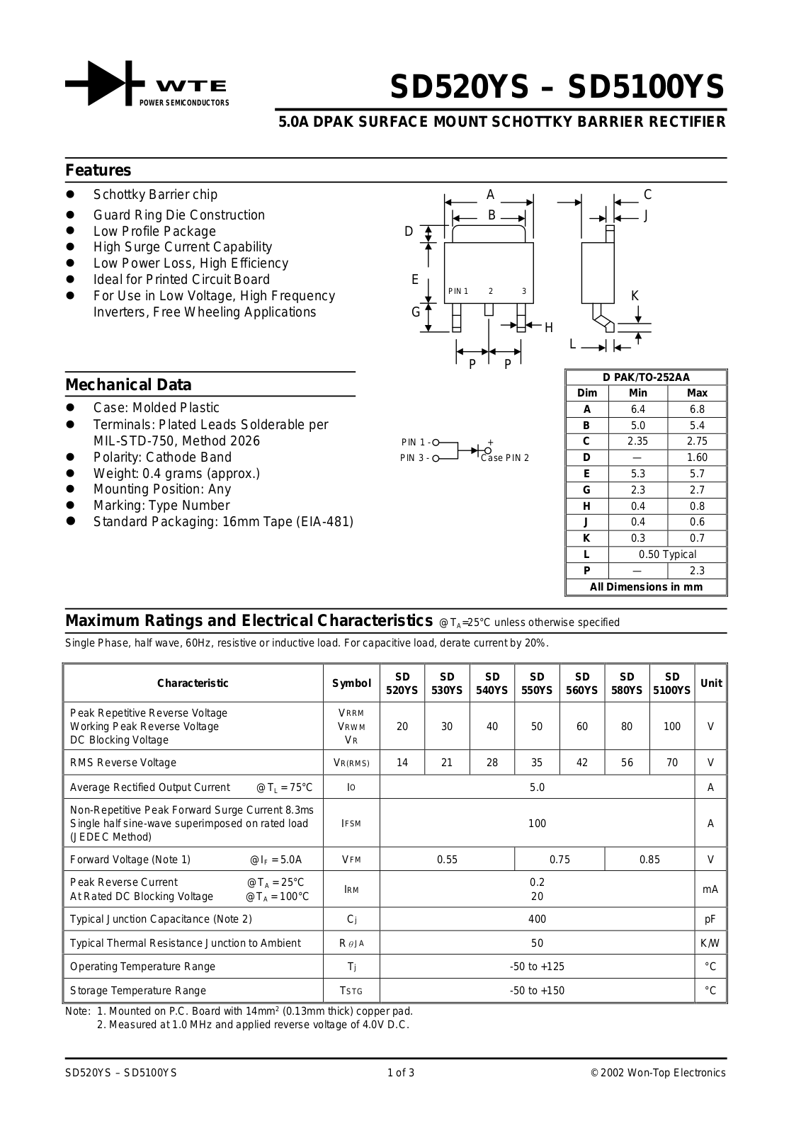 WTE SD5100YS-T3, SD530YS-T3, SD540YS-T3, SD550YS-T3, SD520YS-T3 Datasheet