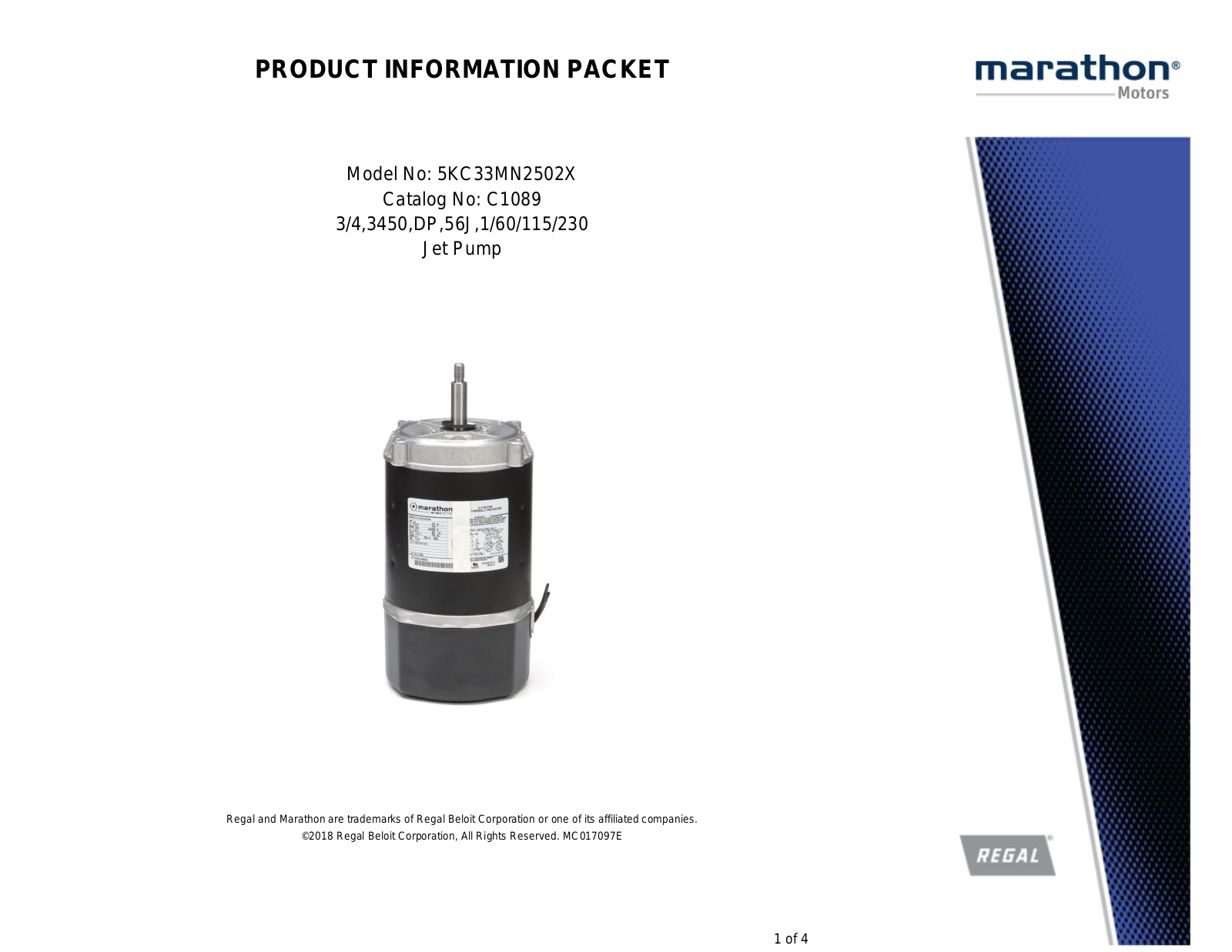 Marathon Electric 5KC33MN2502X Product Information Packet