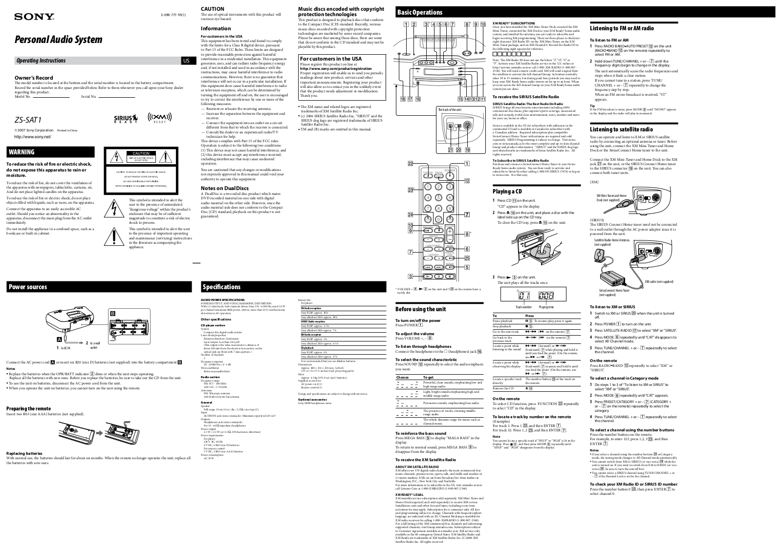 Sony ZS-SAT1 Operating Instruction