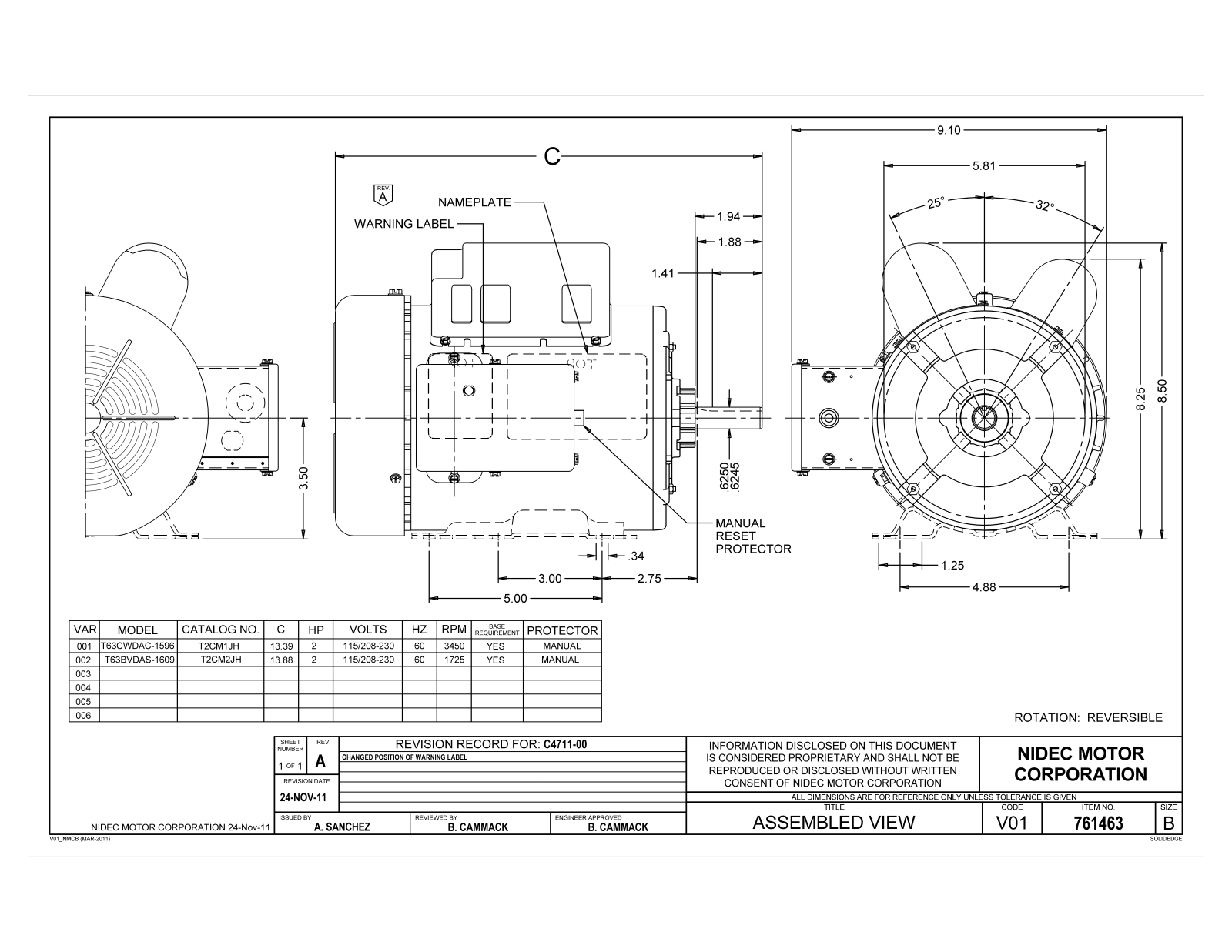 US Motors T2CM1JH, T2CM2JH Dimensional Sheet