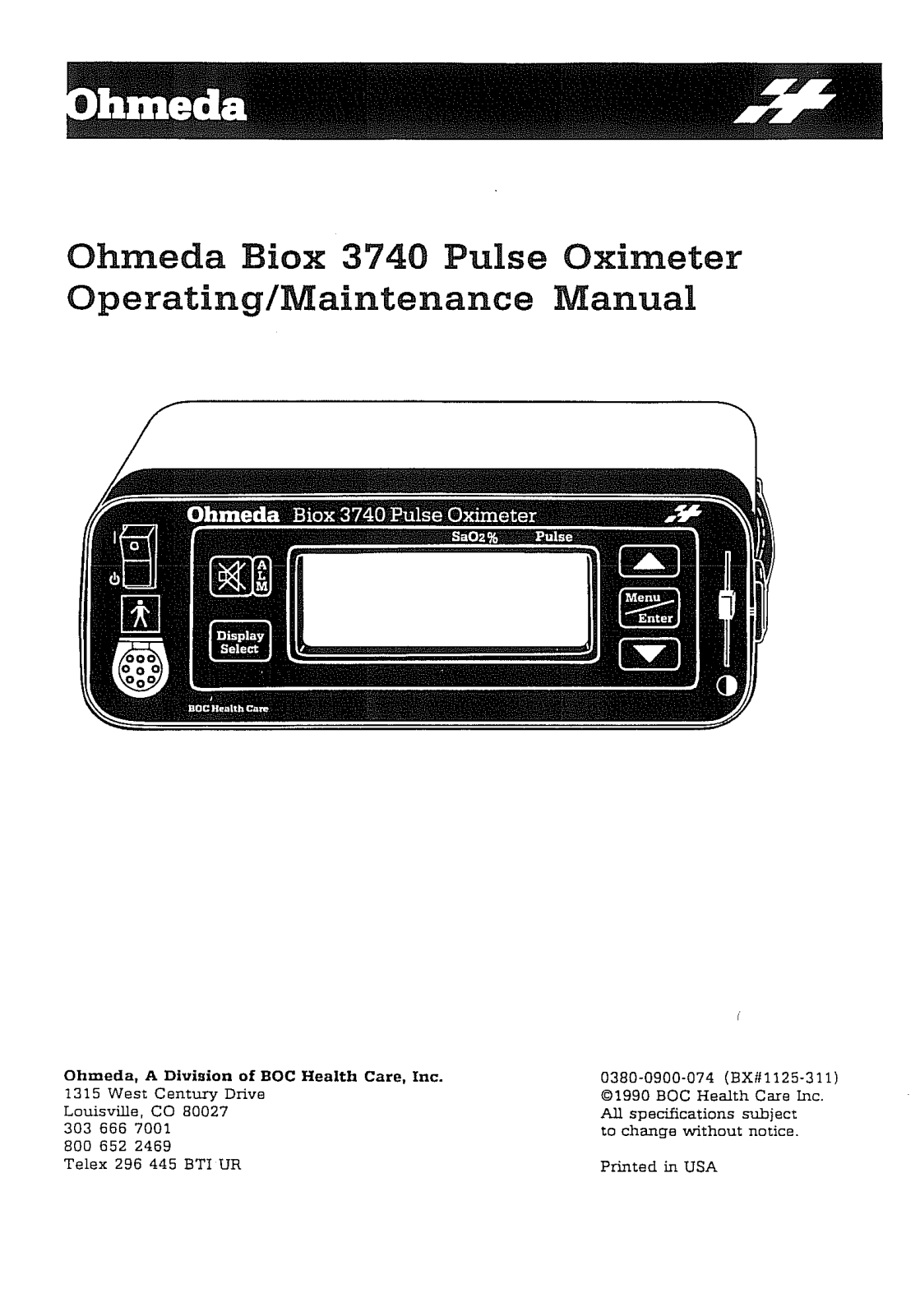 Ohmeda BIOX 3740 Operation and maintenance instructions