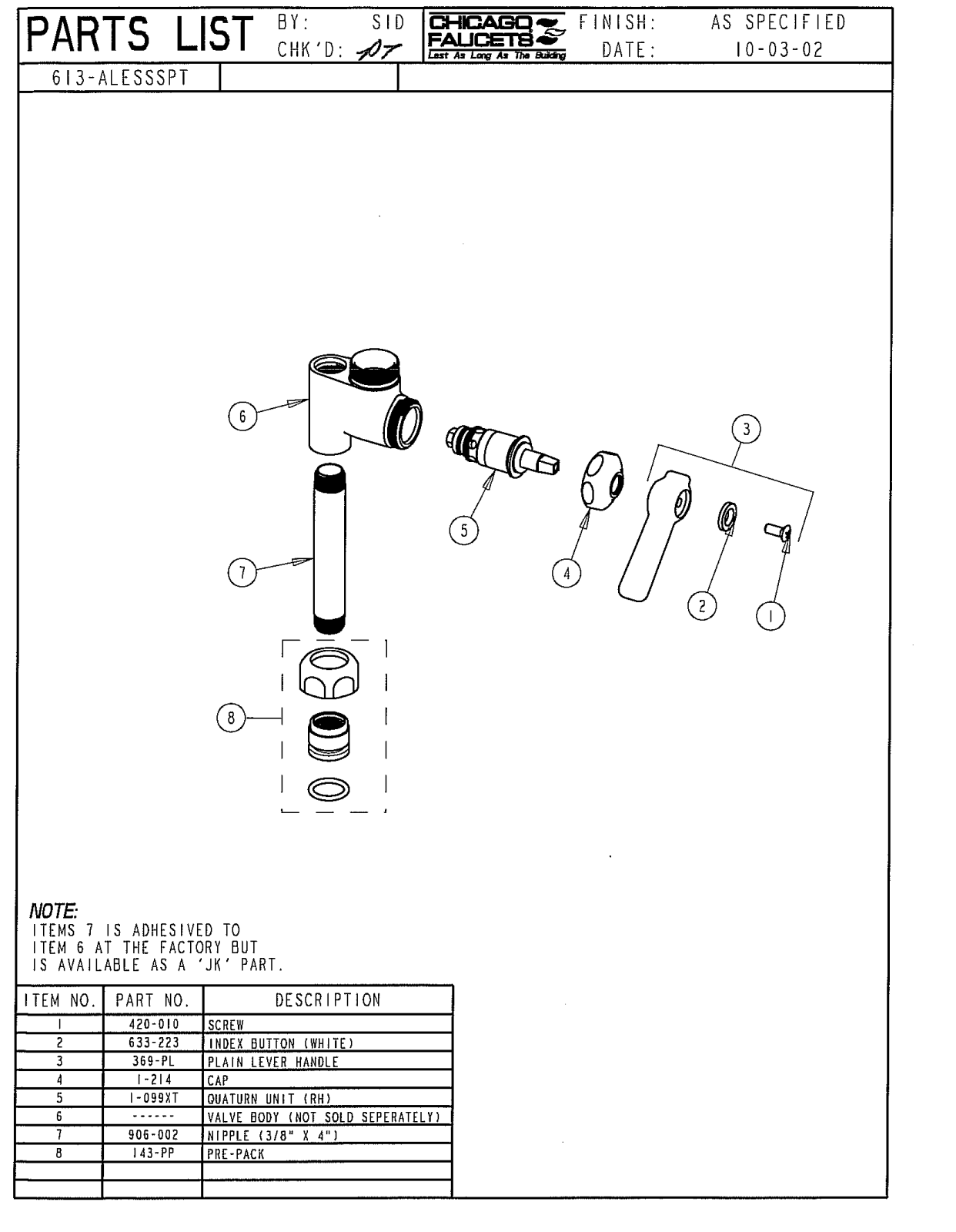 Chicago Faucet 613-ALESSSPTCP Parts List