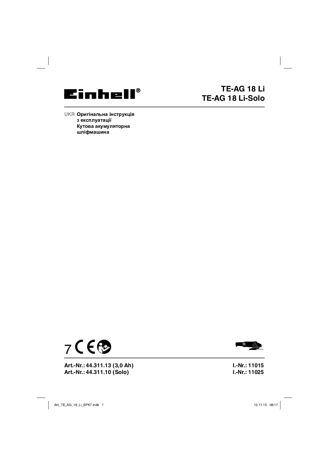 Einhell TE-AG 18 Li Solo, TE-AG 18 Li Kit User Manual