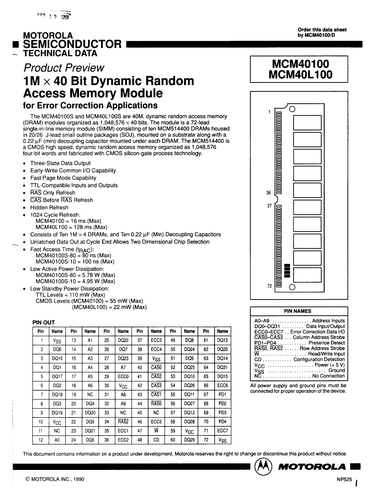 Motorola MCM40100SG10, MCM40100SG80, MCM40L100SG10, MCM40L100SG80, MCM40L100S10 Datasheet