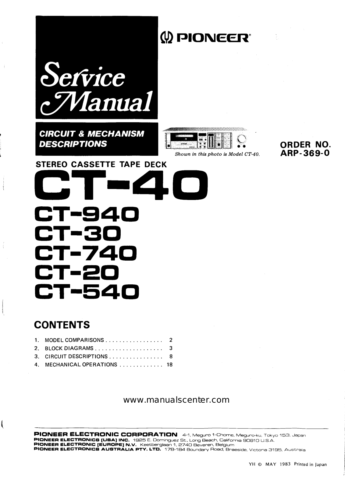 Pioneer CT-20, CT-30, CT-40, CT-740, CT-940 Schematic