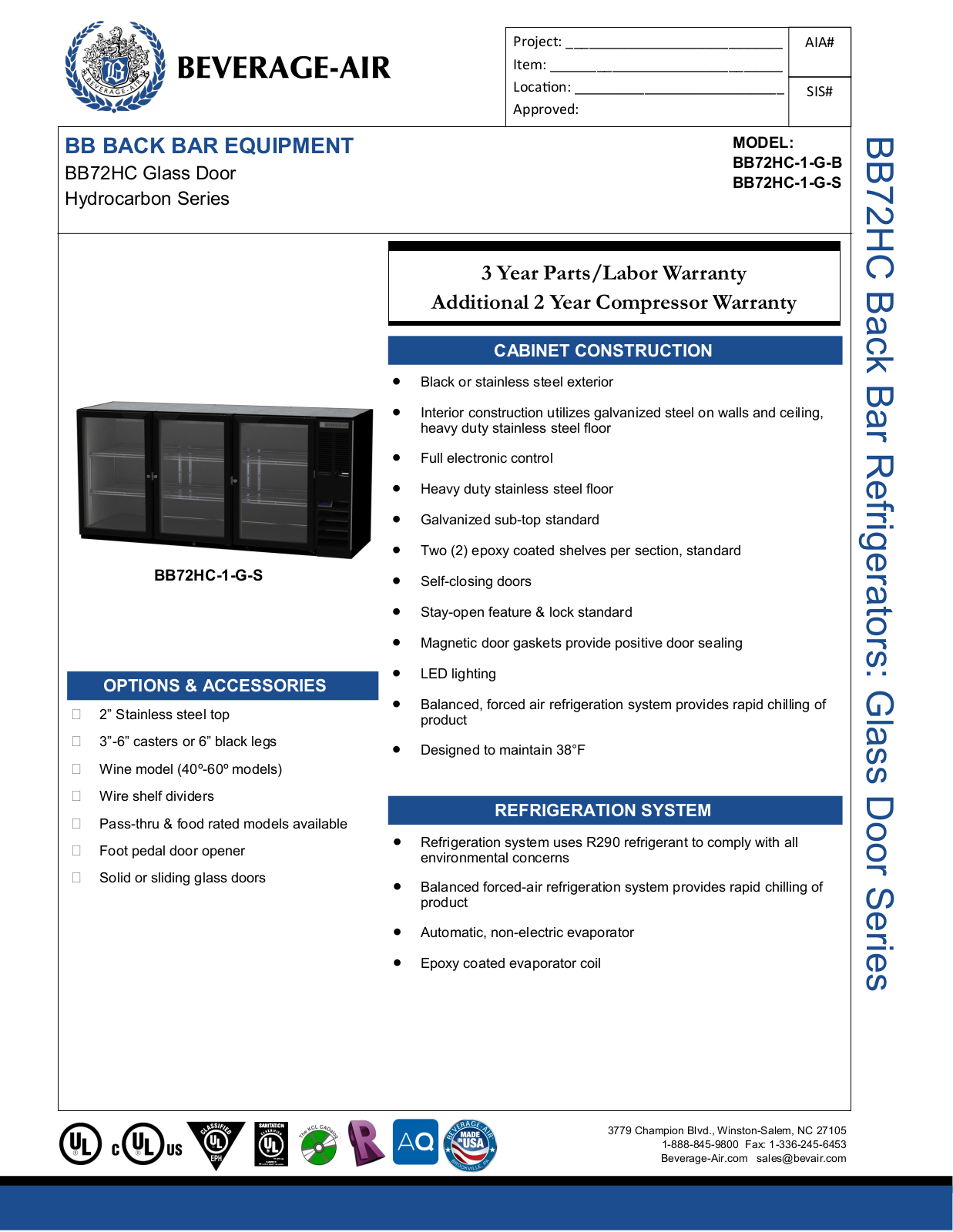 Beverage-Air BB72HC1GS, BB72HC1FGB, BB72HC1FGS, BB72HC1GB Specifications