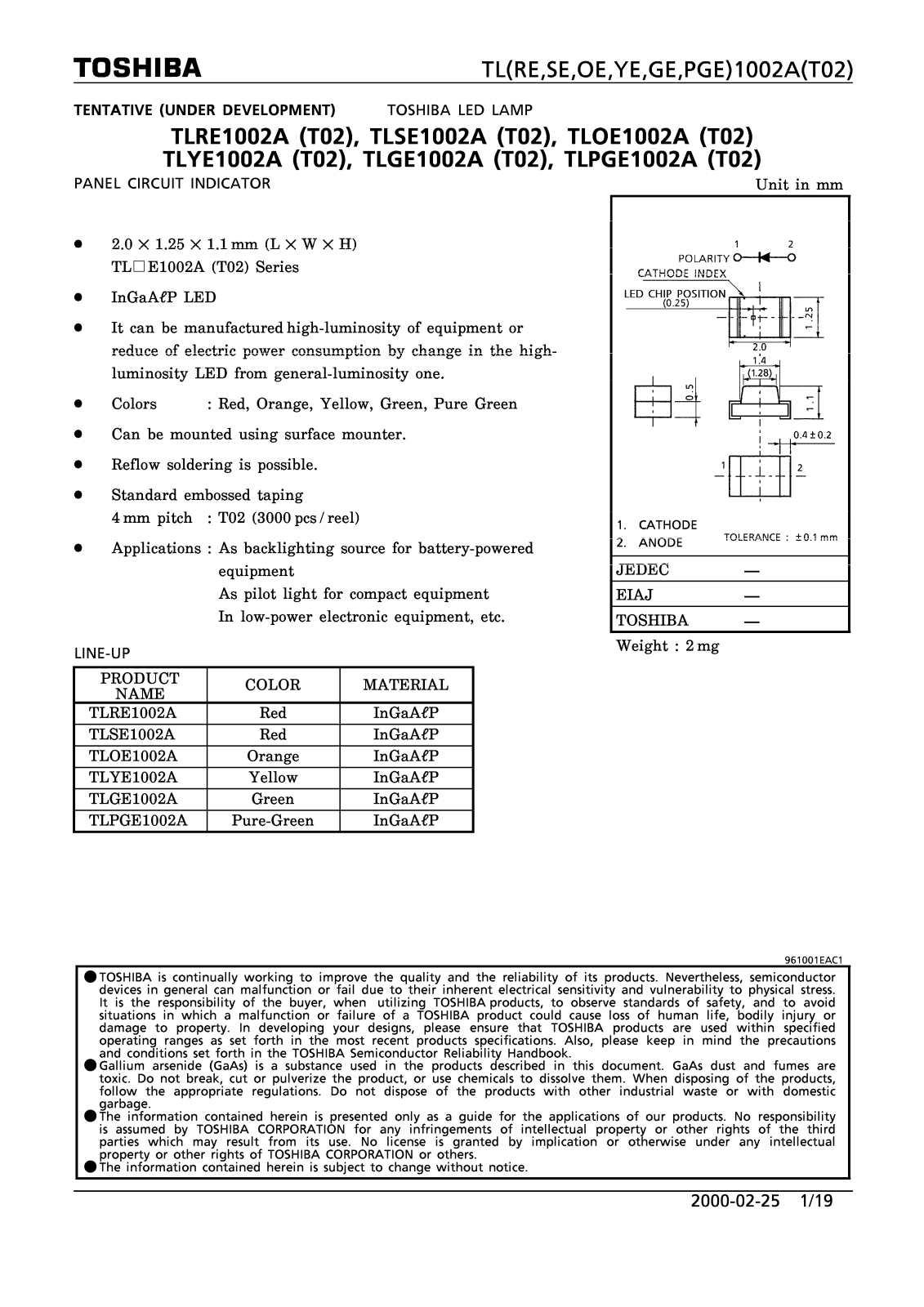 Marktech TLYE1002A, TLRE1002A, TLSE1002A, TLPGE1002A, TLOE1002A Datasheet