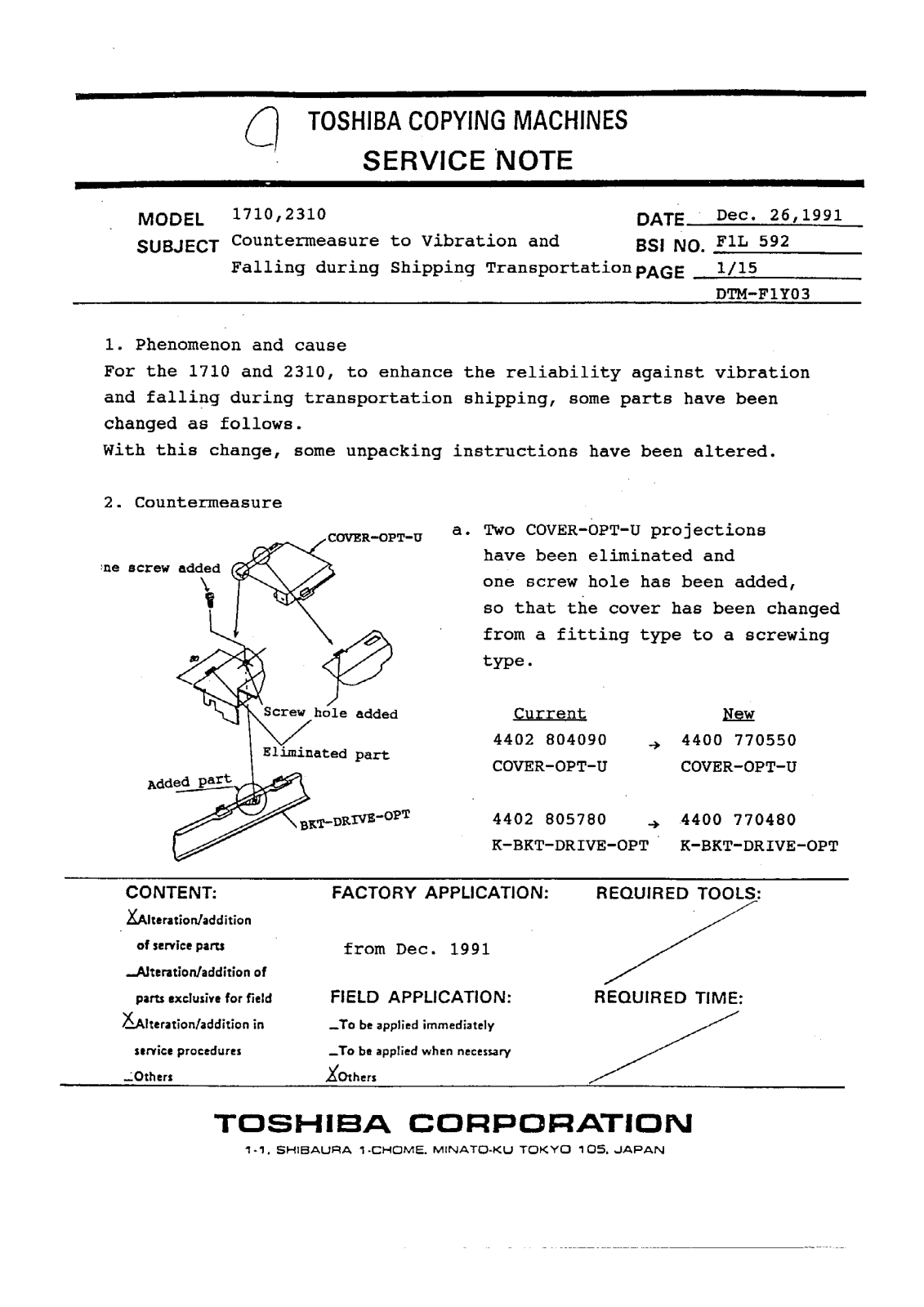 Toshiba f1l592 Service Note