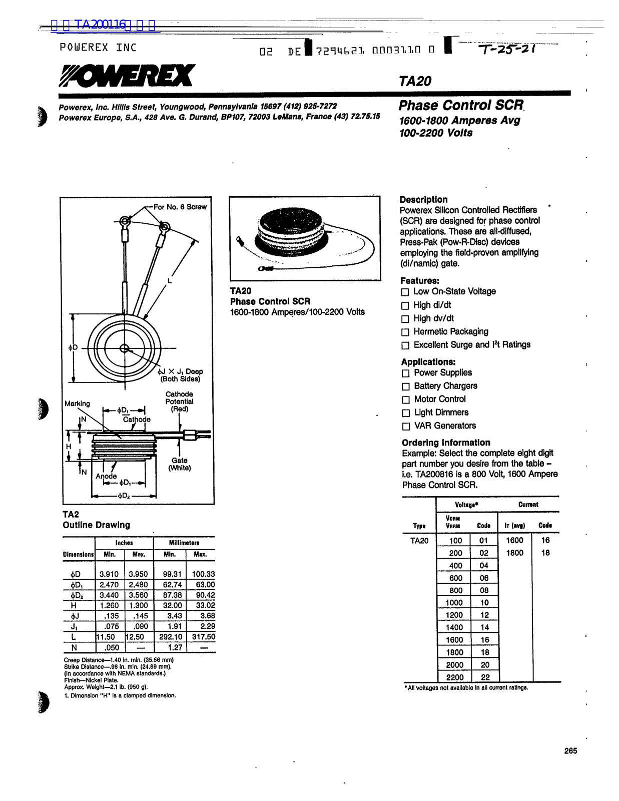 POWEREX TA20 Technical data