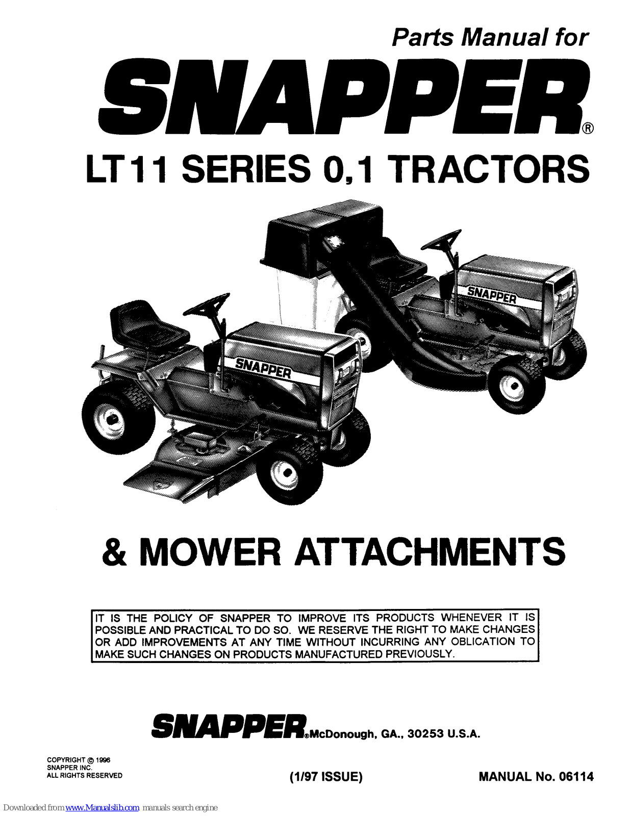 Snapper LT11 SERIES 0.1, LT11 Series 1, LT11 SERIES Parts Manual