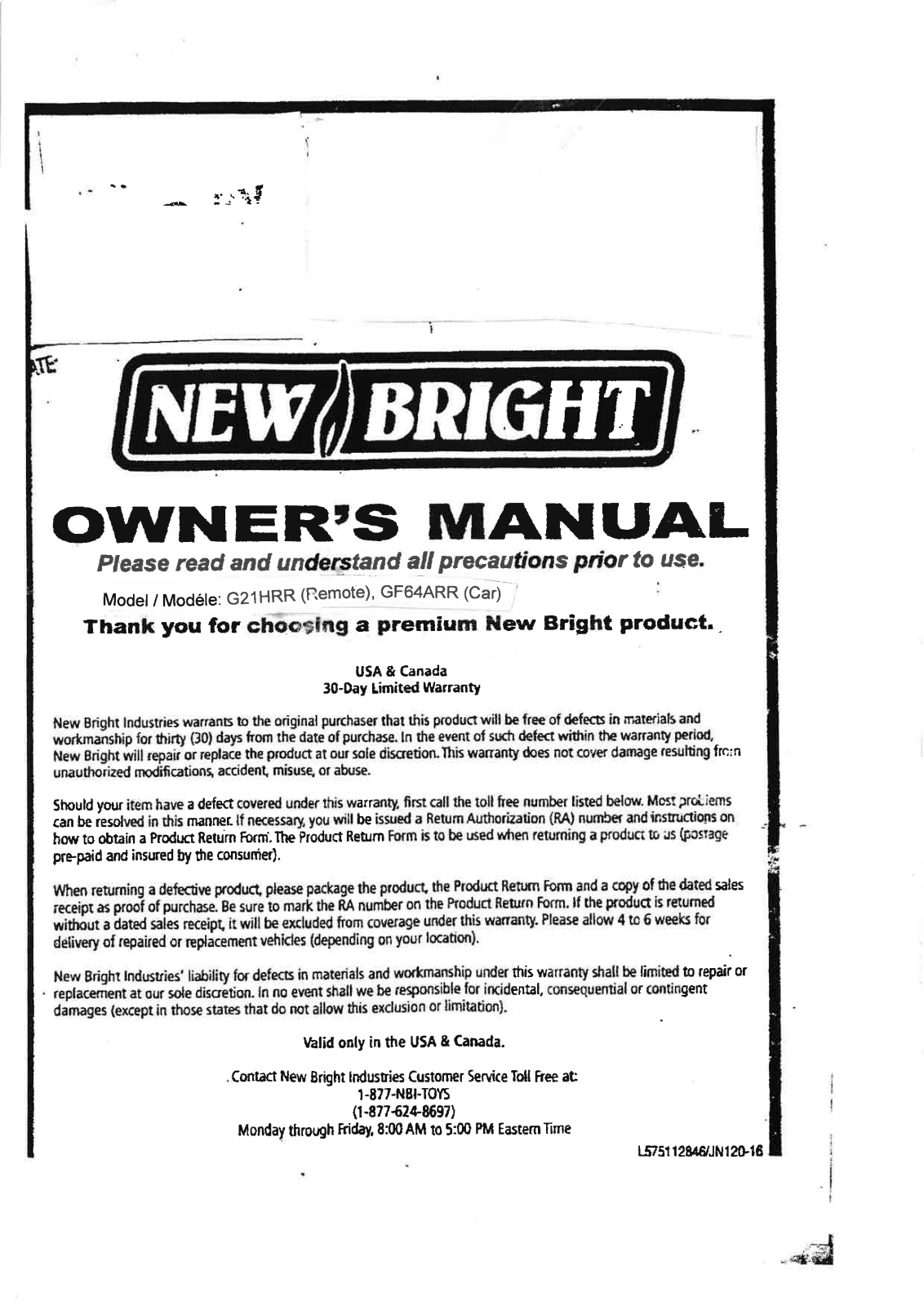 New Bright Co G21HRR User Manual