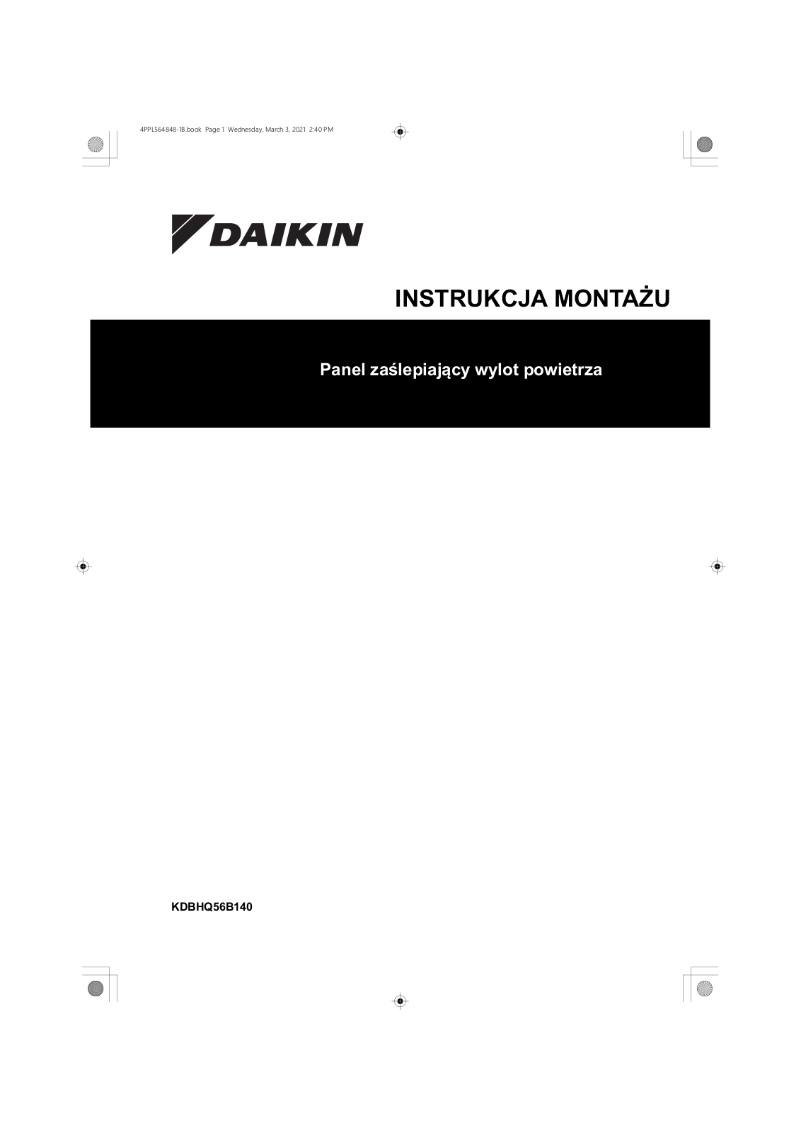 Daikin KDBHQ56B140 Installation manuals