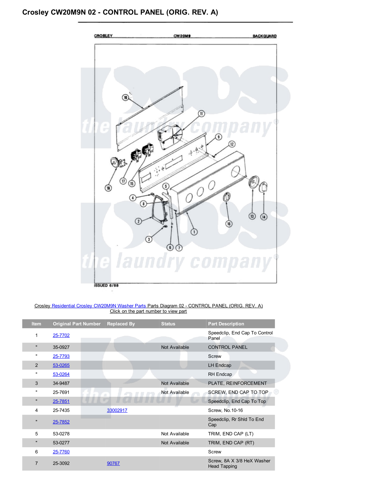 Crosley CW20M9N Parts Diagram